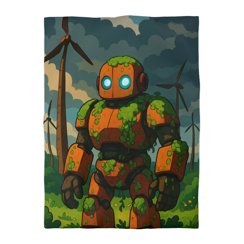 Housse de couette robot et éoliennes, motif nature et technologie, ambiance verte apaisante