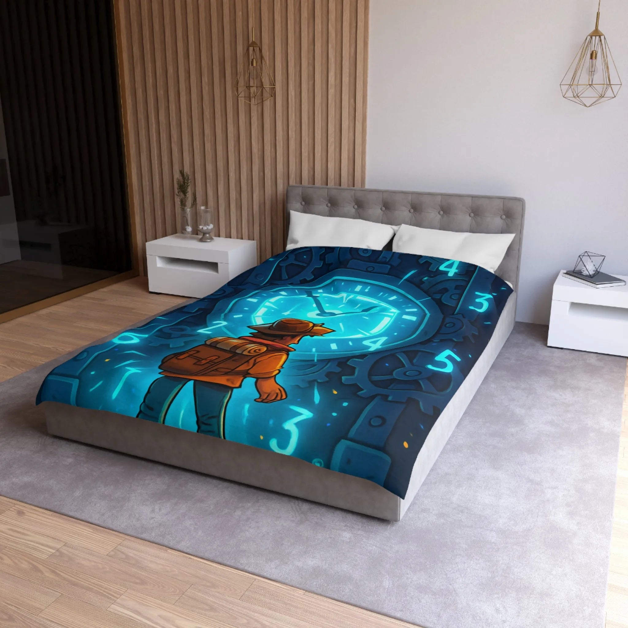 Housse de Couette Aventure Énigmatique Horloger Voyageur avec Éclairage Bleu Futuriste