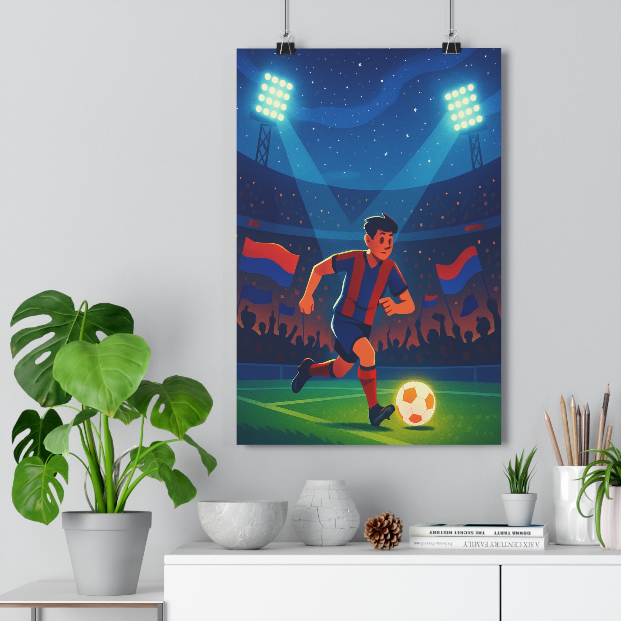 Poster décoratif football rouge bleu dynamique moderne sportif chambre salon vibrant ambiance unique passion