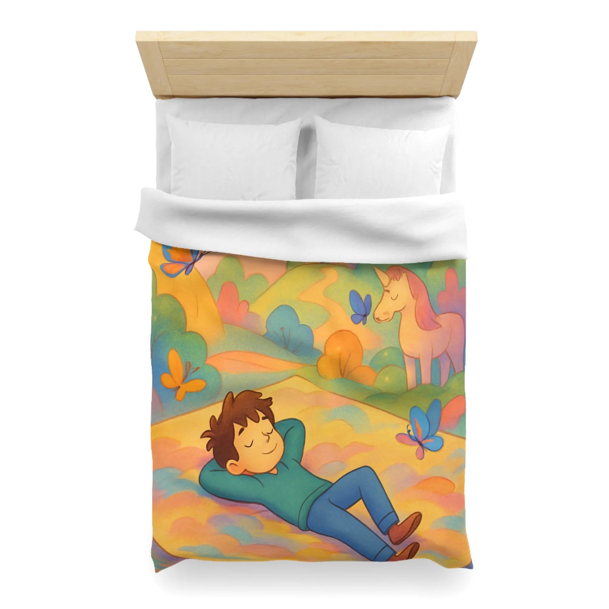 Housse de couette enfant dragon, licorne et château dans un décor féerique coloré