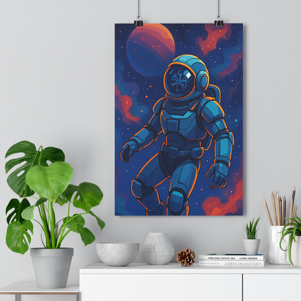 Poster décoratif futuriste astronaute galactique bleu orange dessin animé mystérieux chambre enfant moderne lumineux