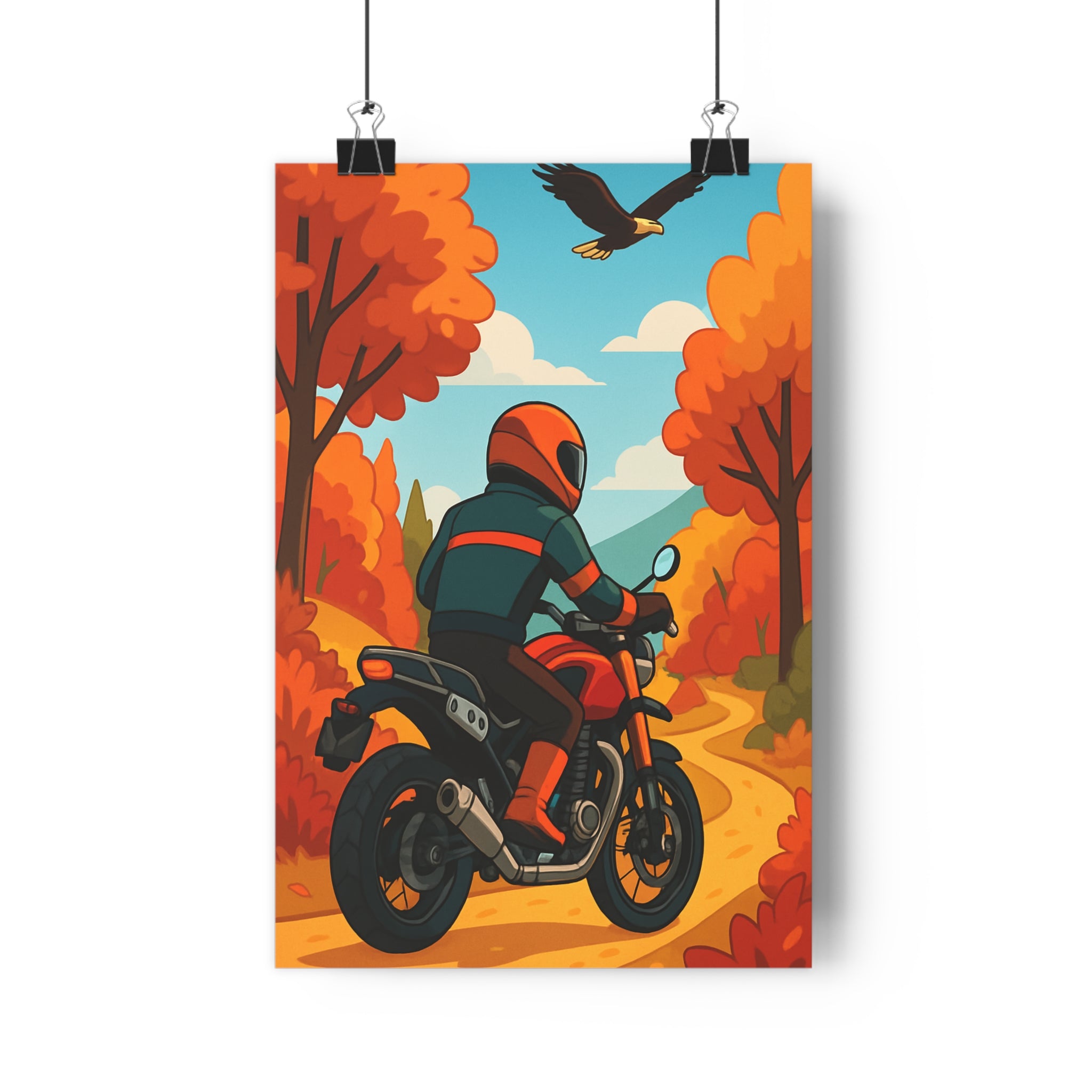 Poster décoratif automnal cartoon aventure motard forêt rouge orange chambre salon moderne nature qualité