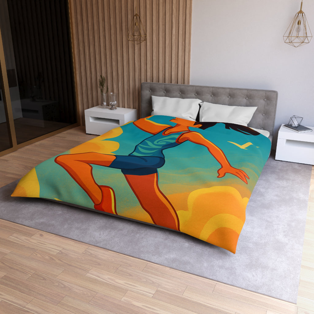 Housse de couette sportive colorée, femme jouant freesbee sous ciel bleu dynamique ultime