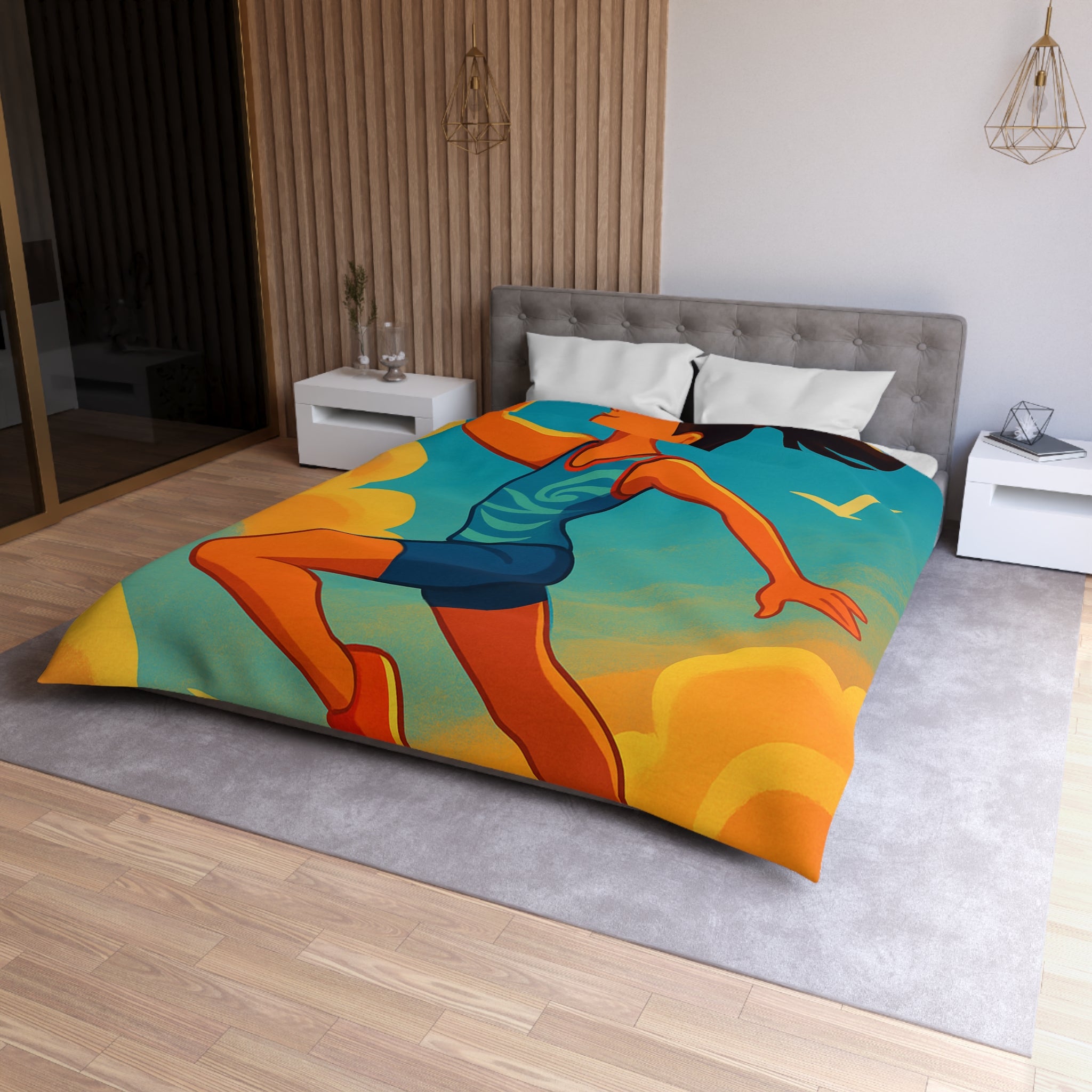 Housse de couette sportive colorée, femme jouant freesbee sous ciel bleu dynamique ultime