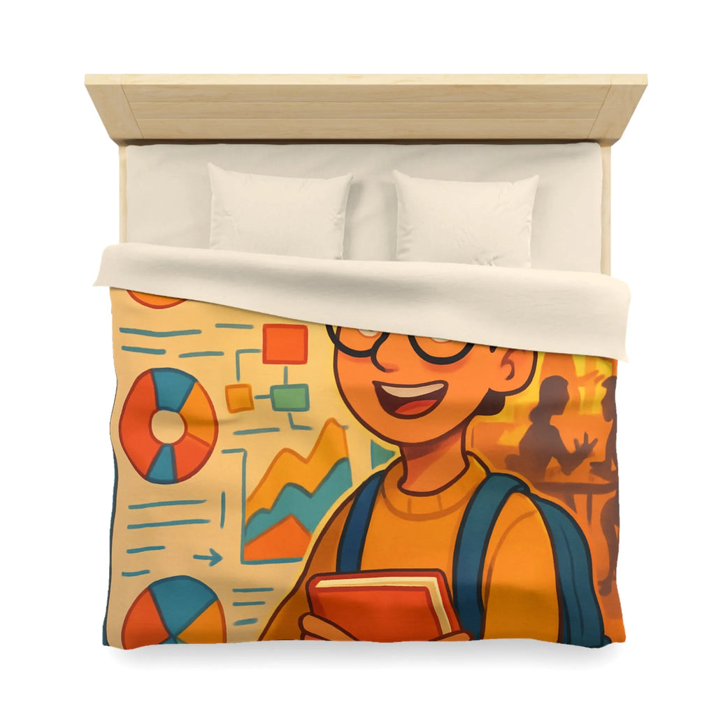 Housse de couette avec motif graphique coloré et personnage étudiant portant lunettes