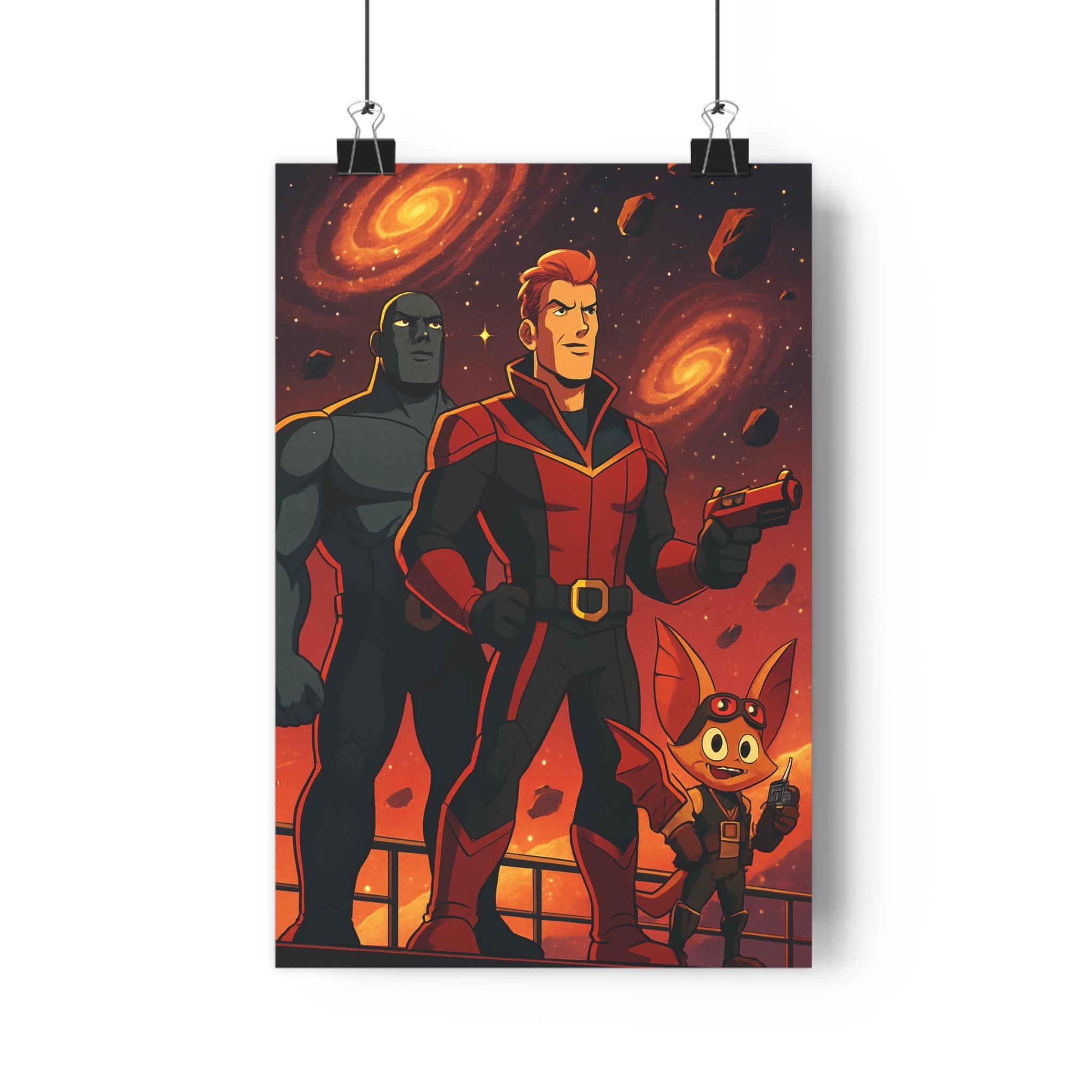 Poster décoratif aventure rouge noir cosmique stylisé salon chambre héroïque exploration galaxie animation courageux