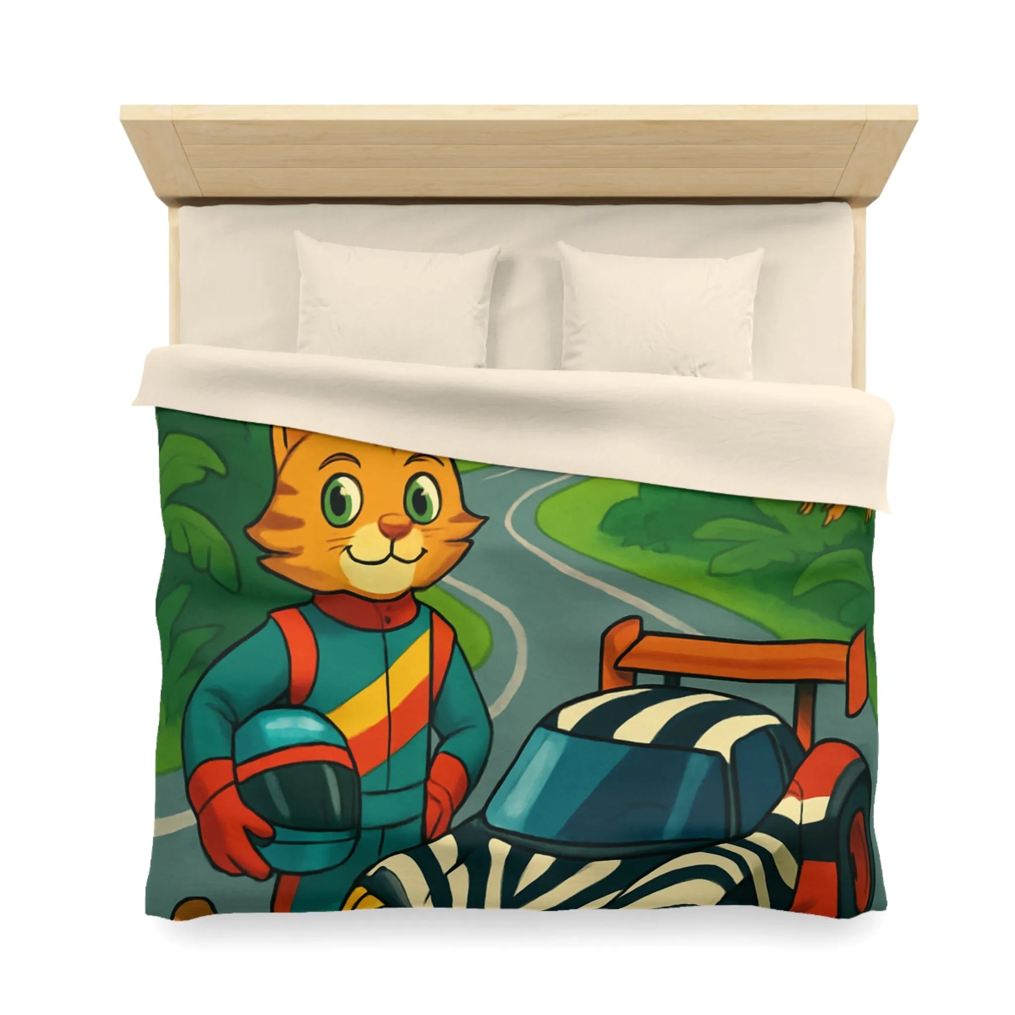 Housse de couette illustrée avec pilote chat, voiture zébrée et jungle luxuriante