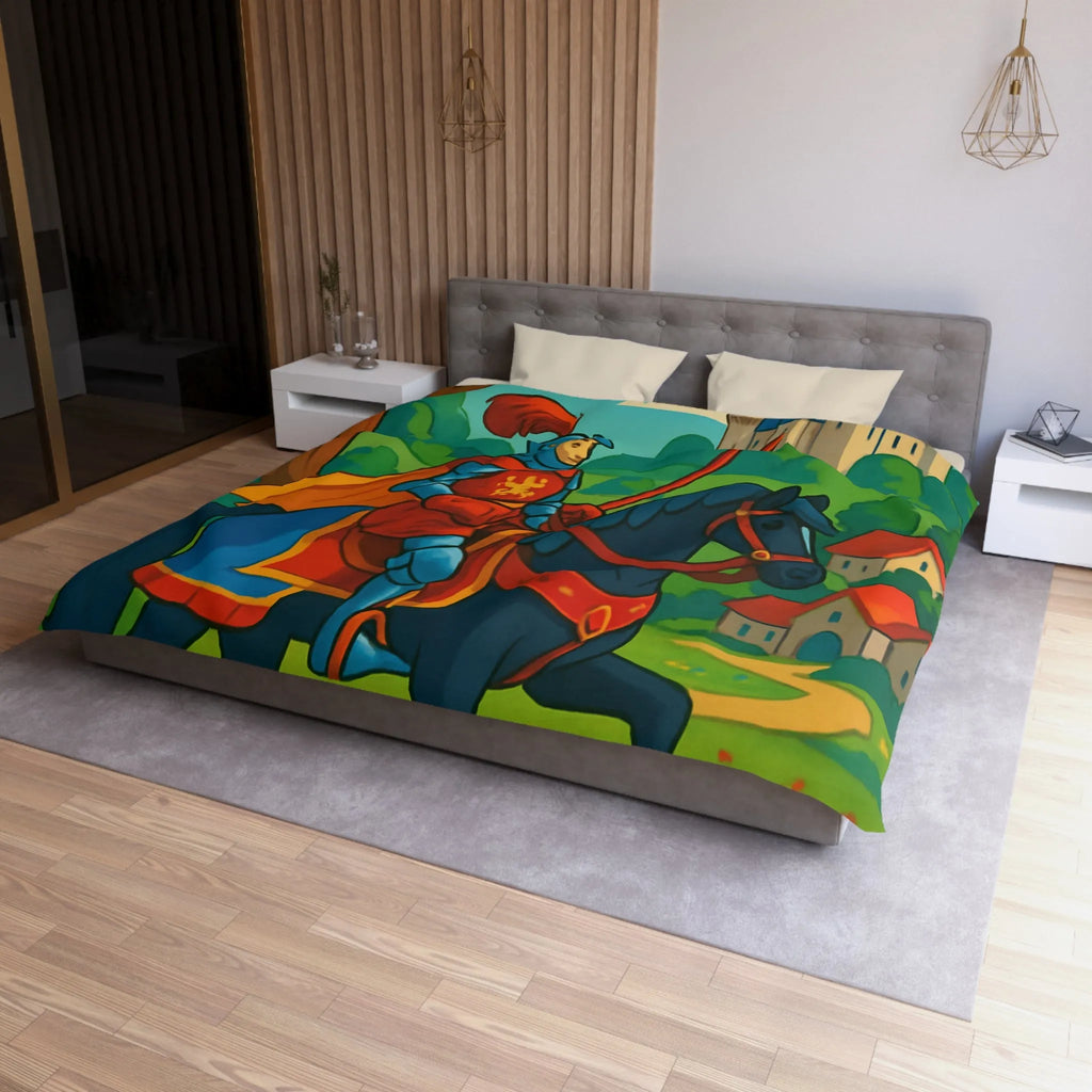 Housse de couette chevalier médiéval illustrée avec château et paysage floral vibrant