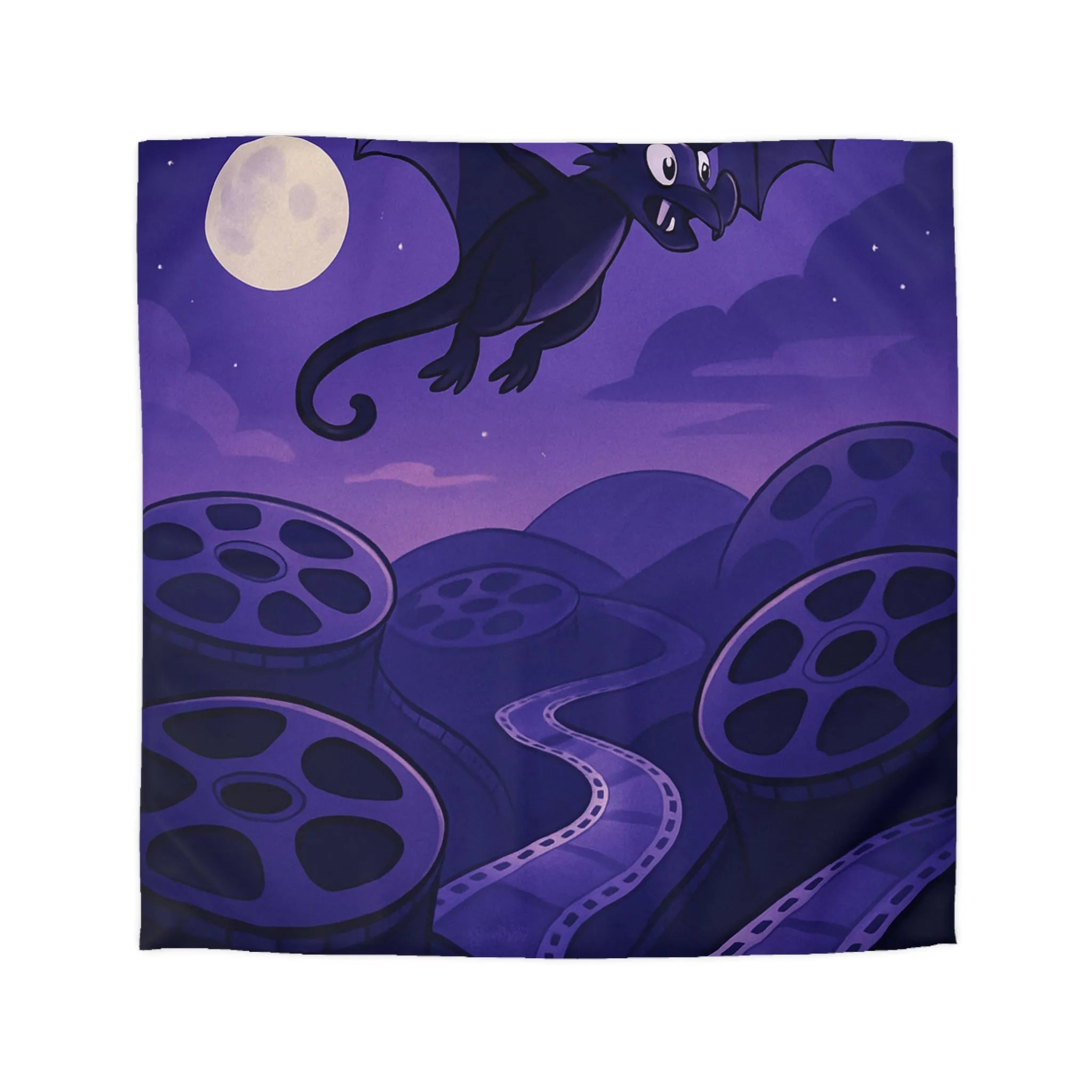 Housse de Couette avec Motif de Dragon et Bobines de Film sous Ciel Lunaire