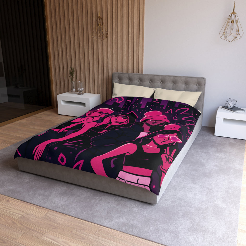 Housse de couette urbaine avec silhouettes féminines et motifs fluorescents nuit étoilée