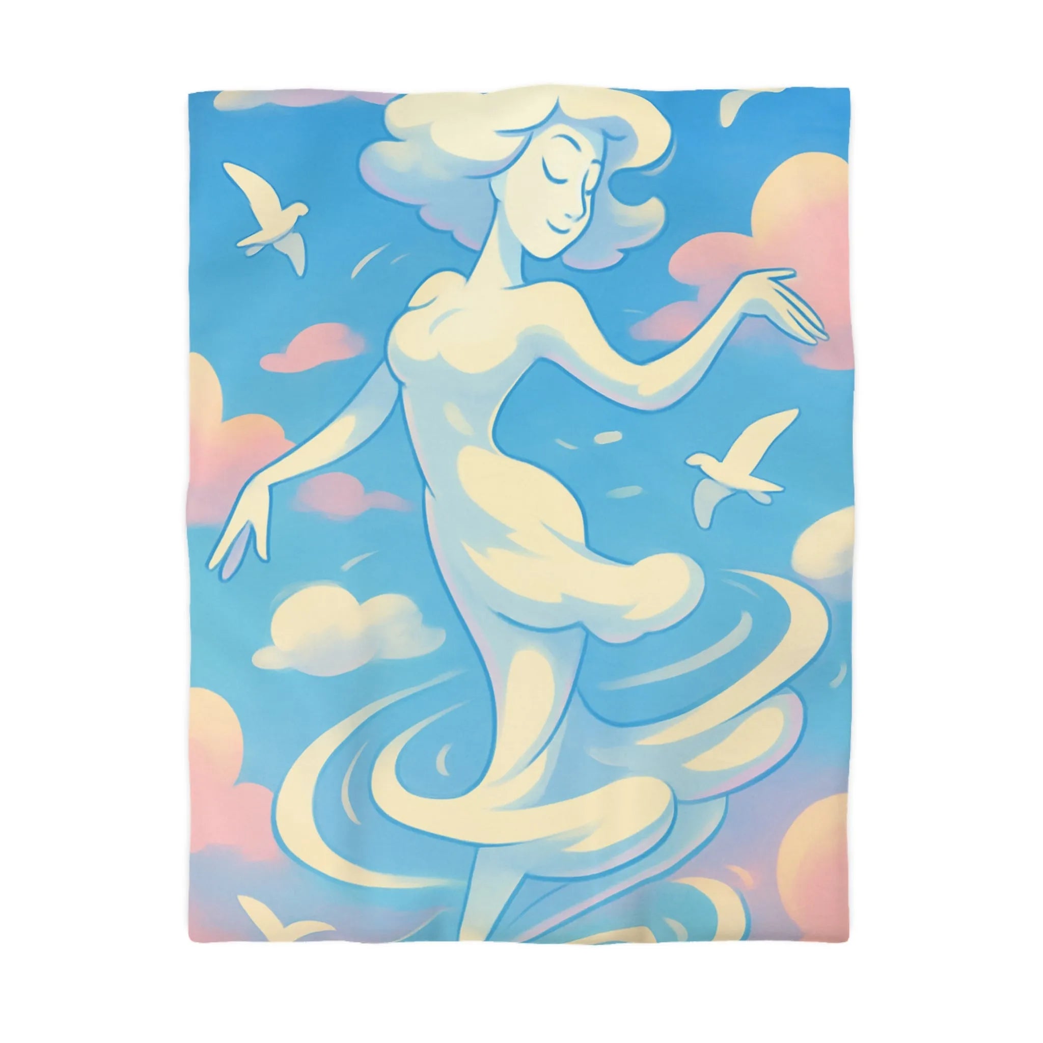 Ciel Enchanté: Housse de Couette Artistique avec Nuages et Oiseaux en Harmonie Paisible