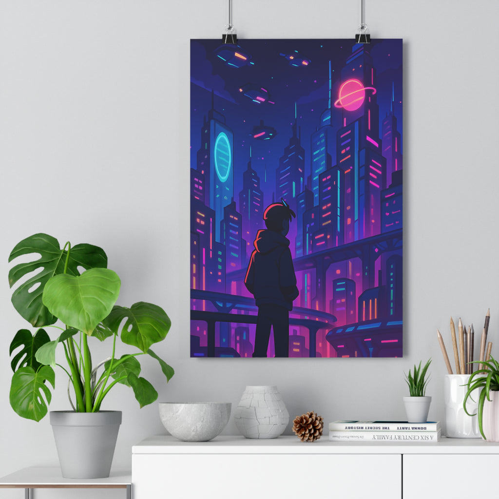 Poster décoratif futuriste cyberpunk néons bleu rose violet mystique salon chambre dynamique moderne premium