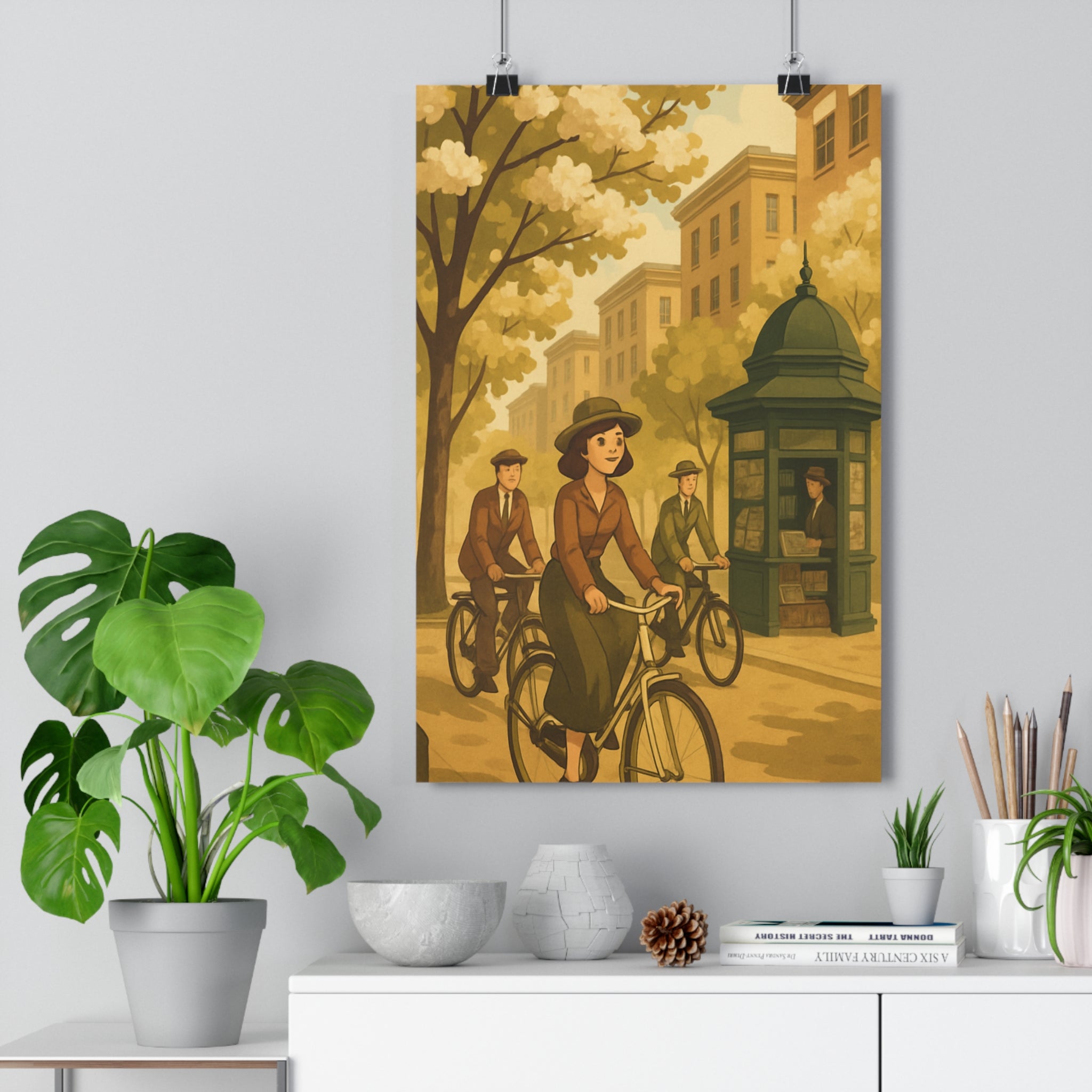 Poster décoratif vintage cartoon beige vert nostalgique paisible salon chambre bureau cycliste urbain rétro