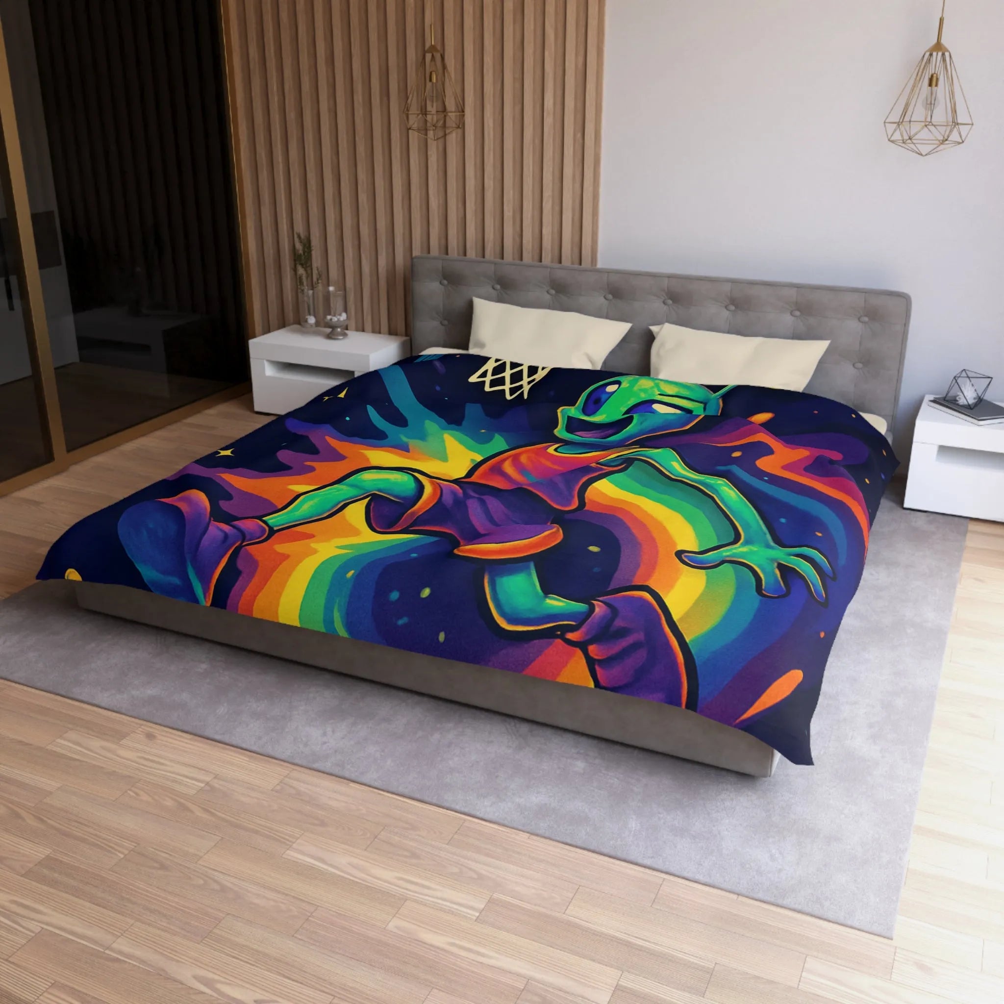 Housse de couette colorée avec alien jouant au basket dans l'espace intergalactique étoilé