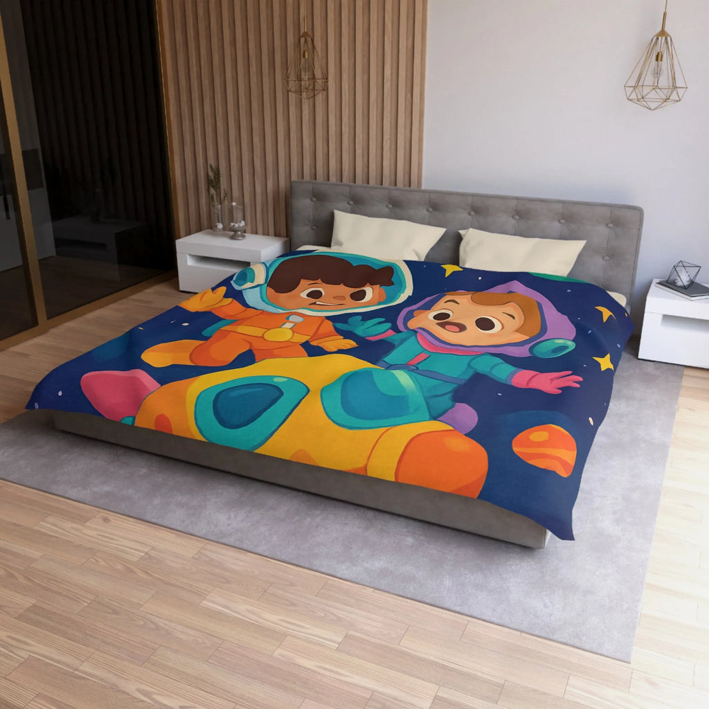 Couette Enfantine Cosmos : Enfants en Vaisseau Spatial avec Planètes et Étoiles Colorées