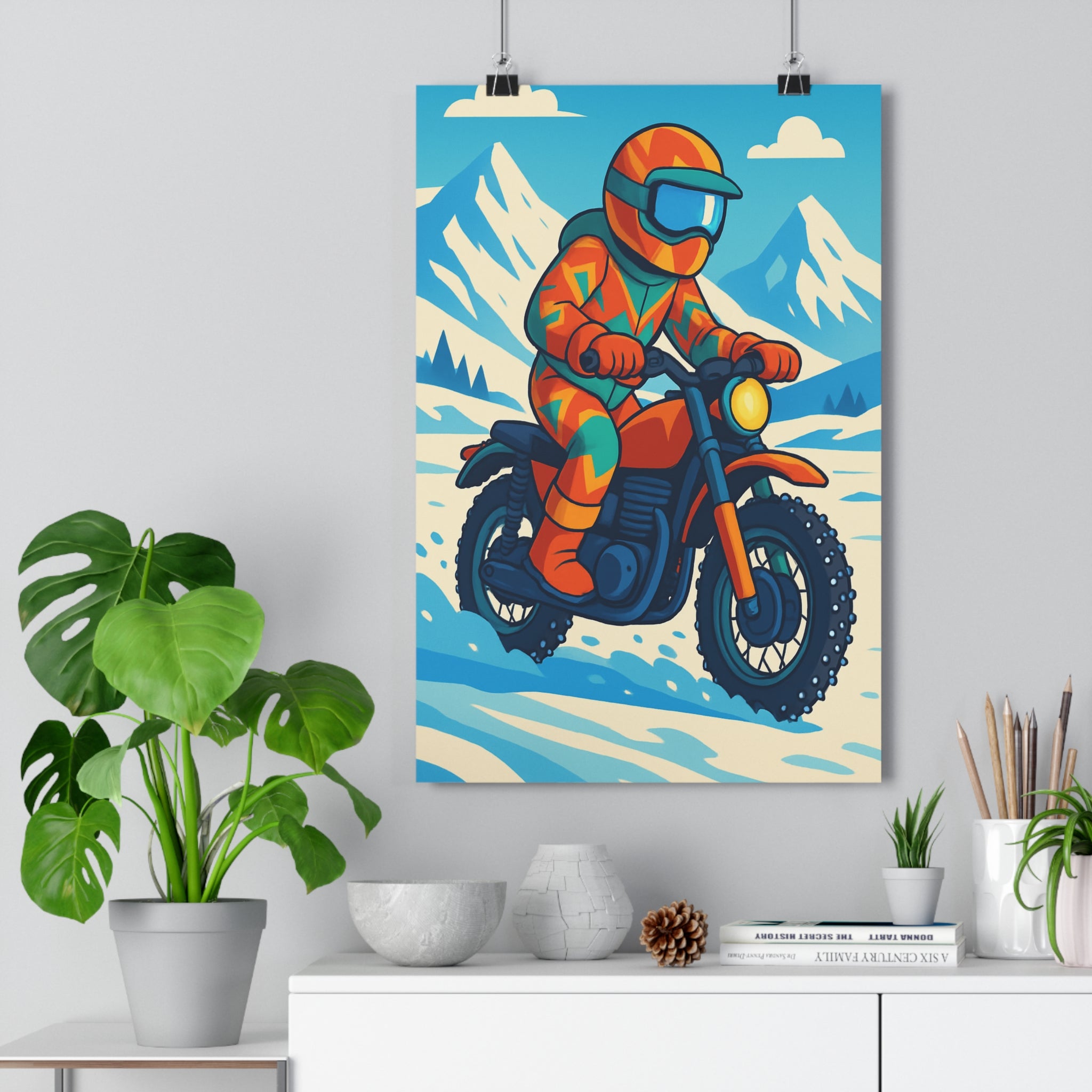 Poster décoratif action cartoon turquoise orange aventure chambre enfant motard montagne neige dessin animé