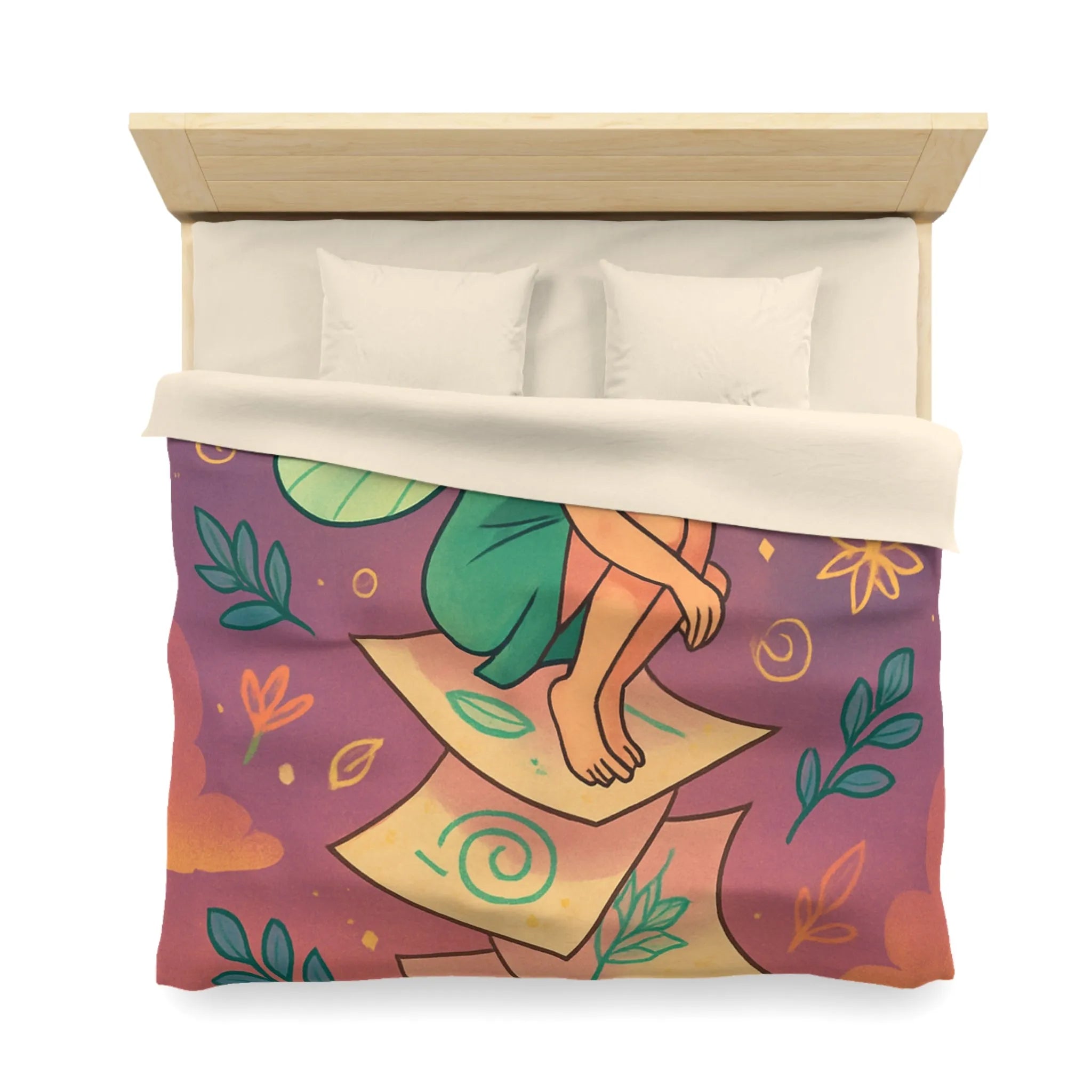 Housse de couette féerique avec fée aux ailes vertes et motifs floraux enchanteurs