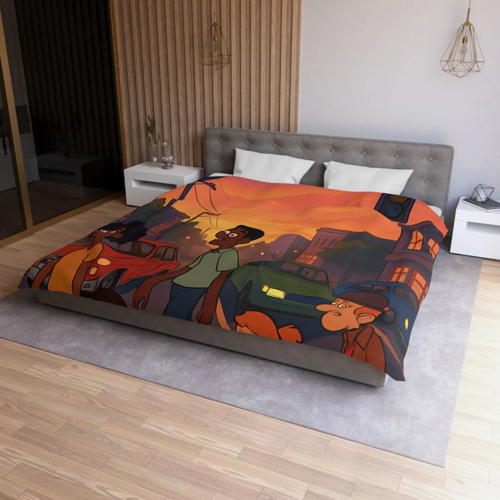 Housse de couette coucher de soleil urbain coloré, personnages divers traversant rue animée