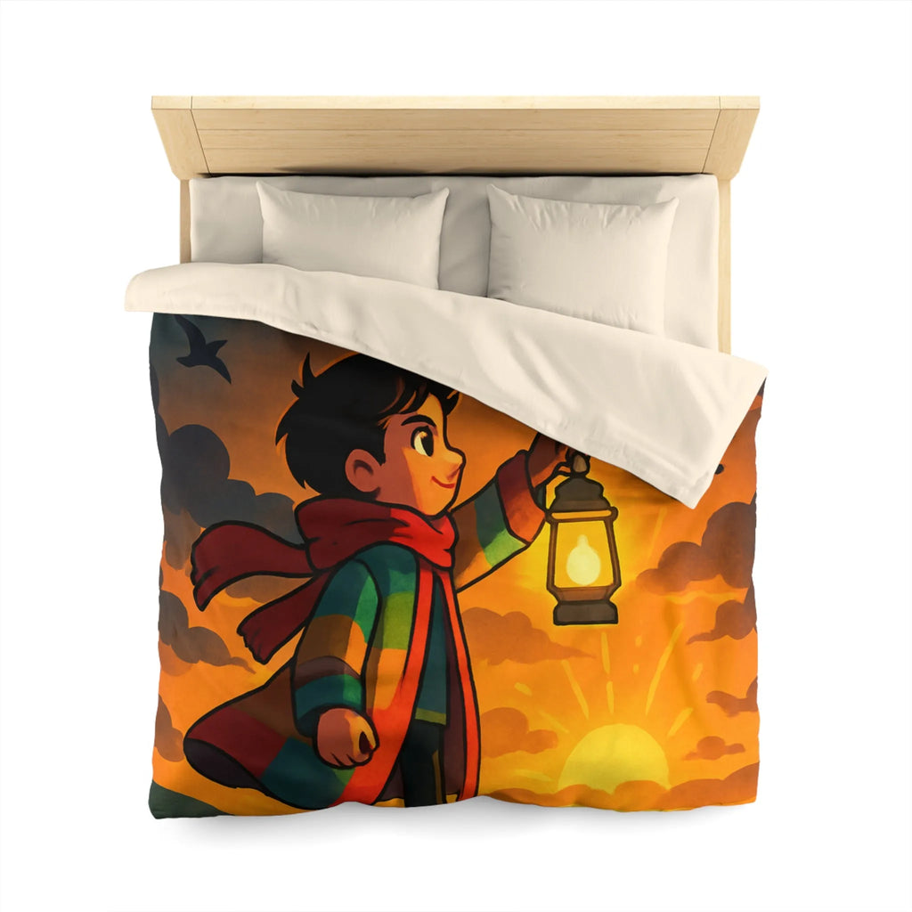 Housse de couette avec illustration enfantine colorée : garçon, lanterne, ciel dramatique