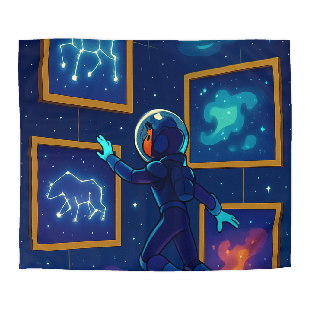 Housse de couette spatiale avec constellations lumineuses et astronaute explorant des galaxies mystérieuses