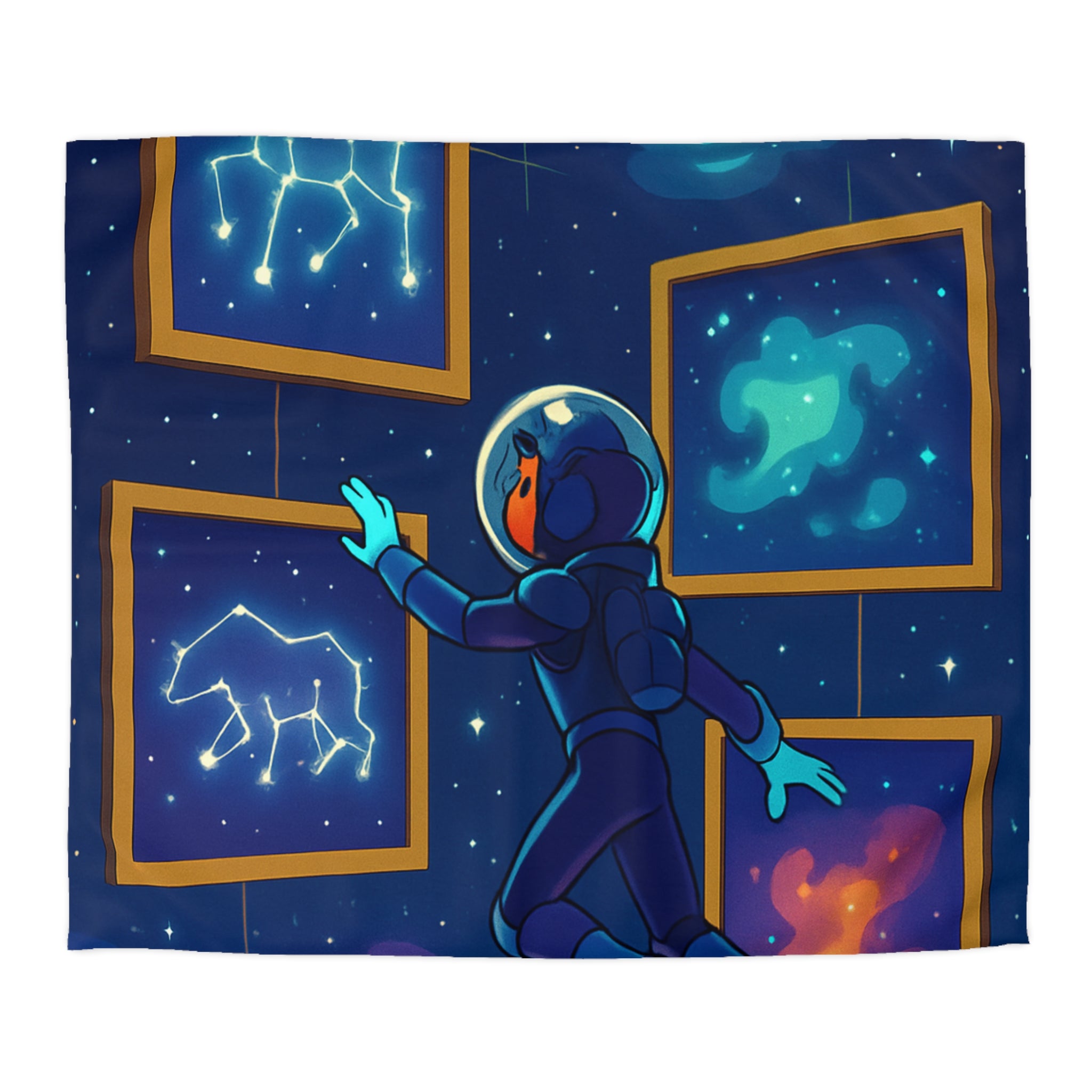 Housse de couette spatiale avec constellations lumineuses et astronaute explorant des galaxies mystérieuses