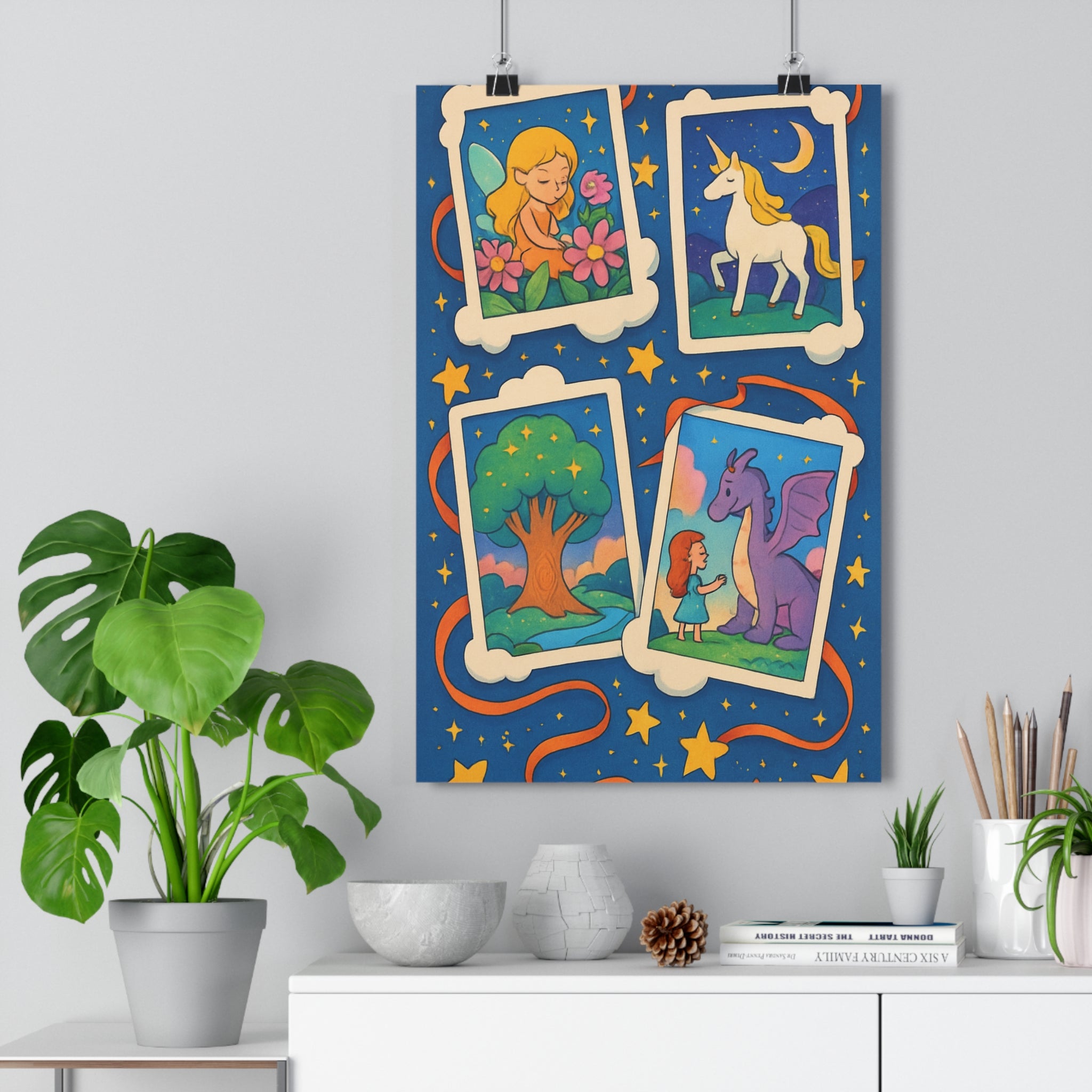 Poster décoratif magique fée licorne dragon bleu vert rose étoiles chambre rêveur éclatant lumineux