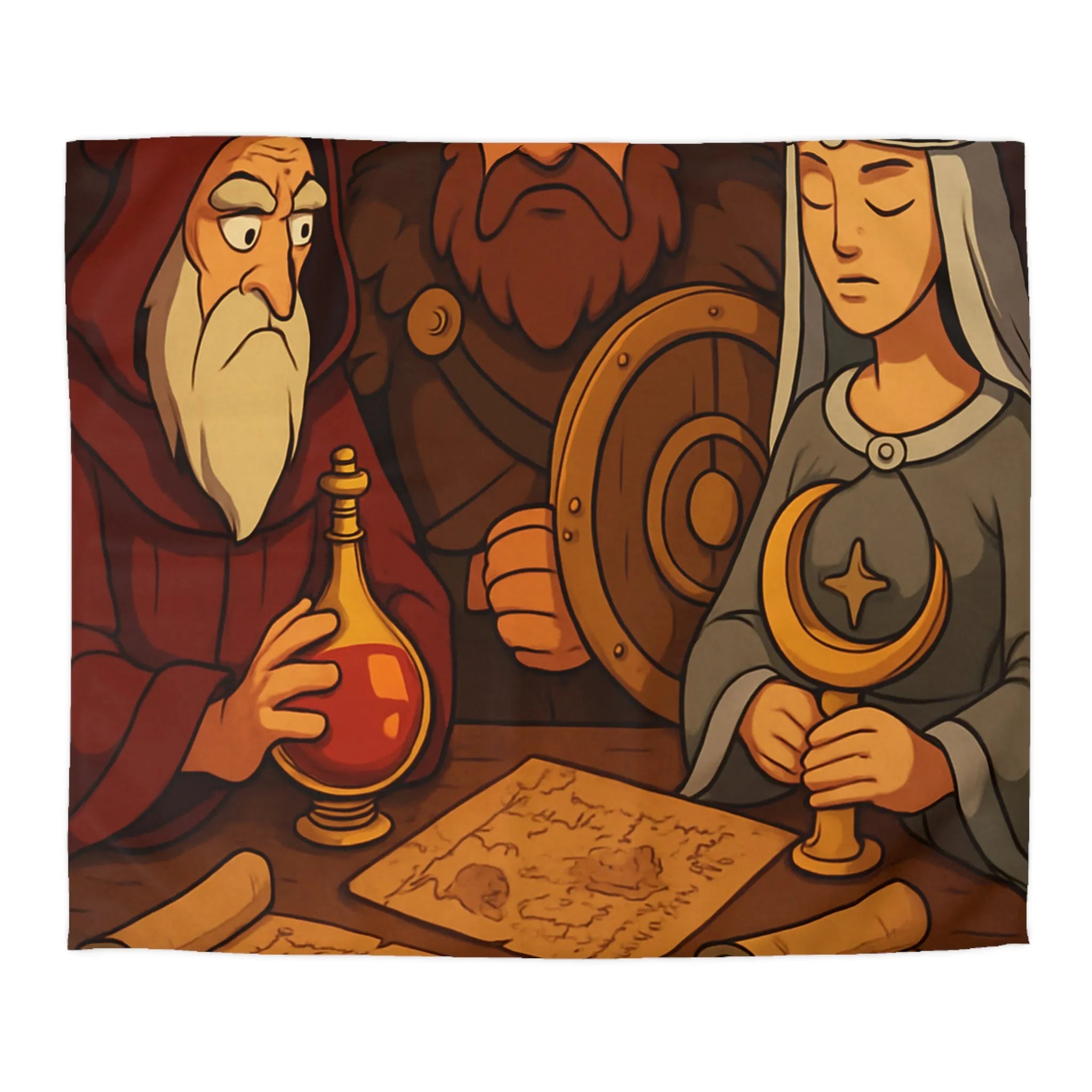 Housse de couette médiévale avec guerrier, mage et princesse tenant des artefacts anciens