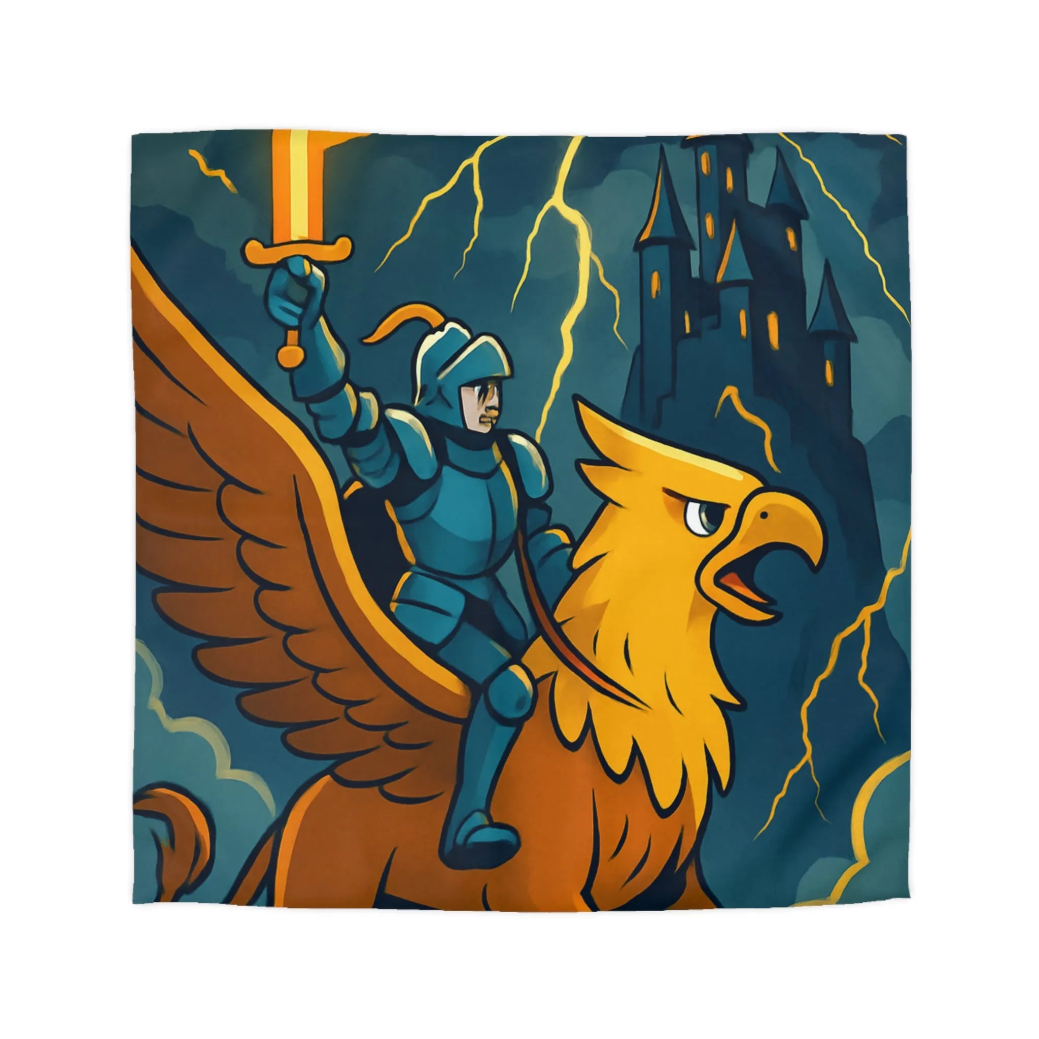 Housse de Couette Fantaisie avec Chevalier et Griffon Volant Devant Château Mystérieux