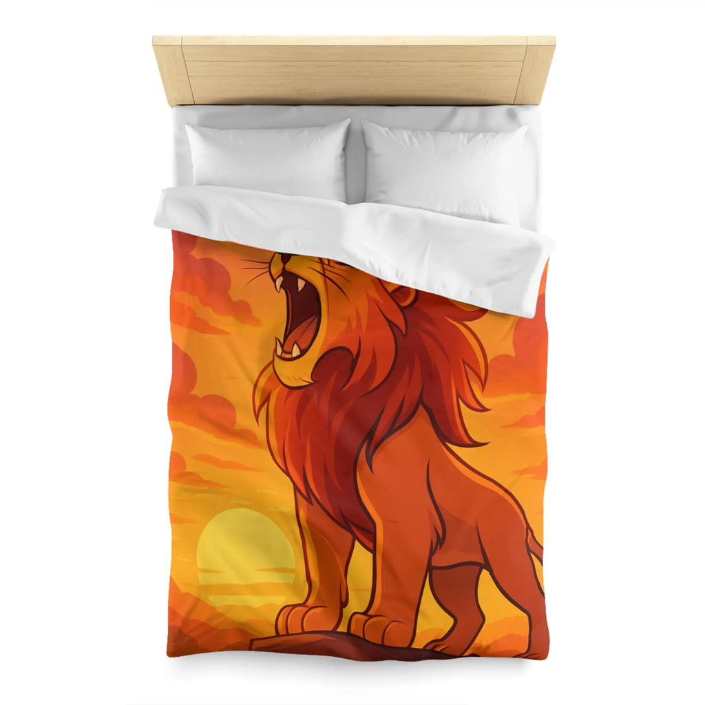 Housse de couette illustrée lion majestueux sur fond de coucher de soleil vibrant