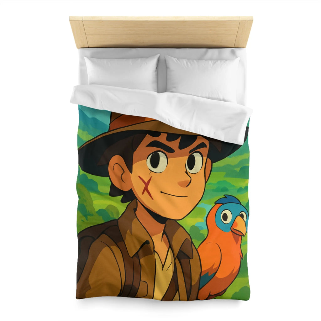 Housse de Couette Enfant Aventure Jungle avec Explorateur et Perroquet Coloré