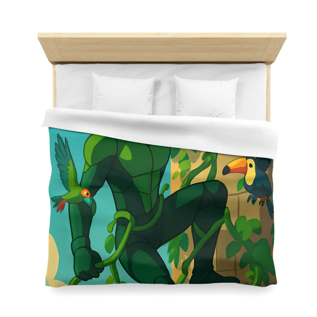 Housse de couette jungle animée avec héros vert grimpant et oiseaux colorés