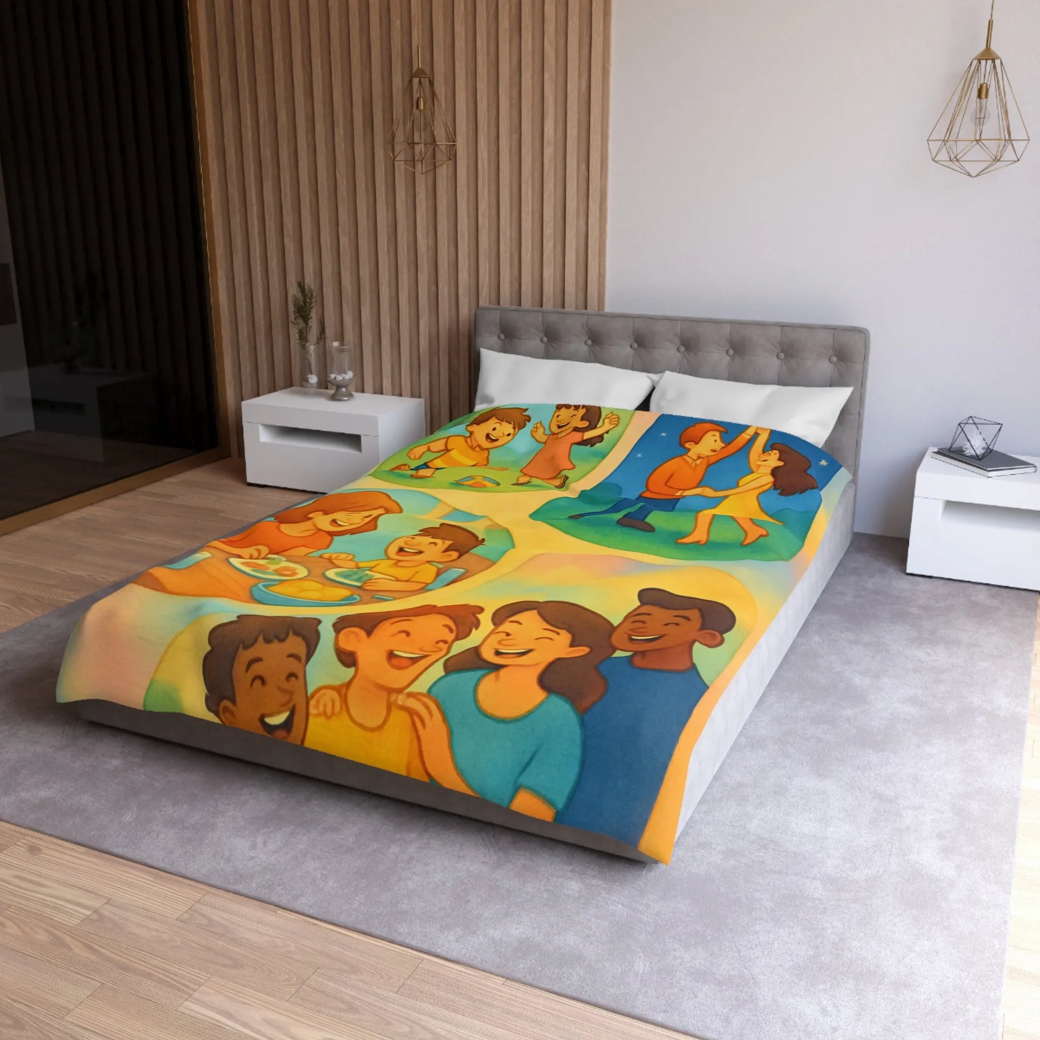 Housse de couette colorée illustrant des scènes joyeuses de la vie quotidienne familiale