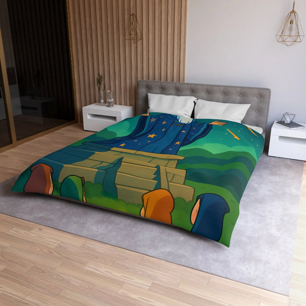 Housse de couette fantaisie avec sorcier et cristaux lumineux dans un paysage étoilé