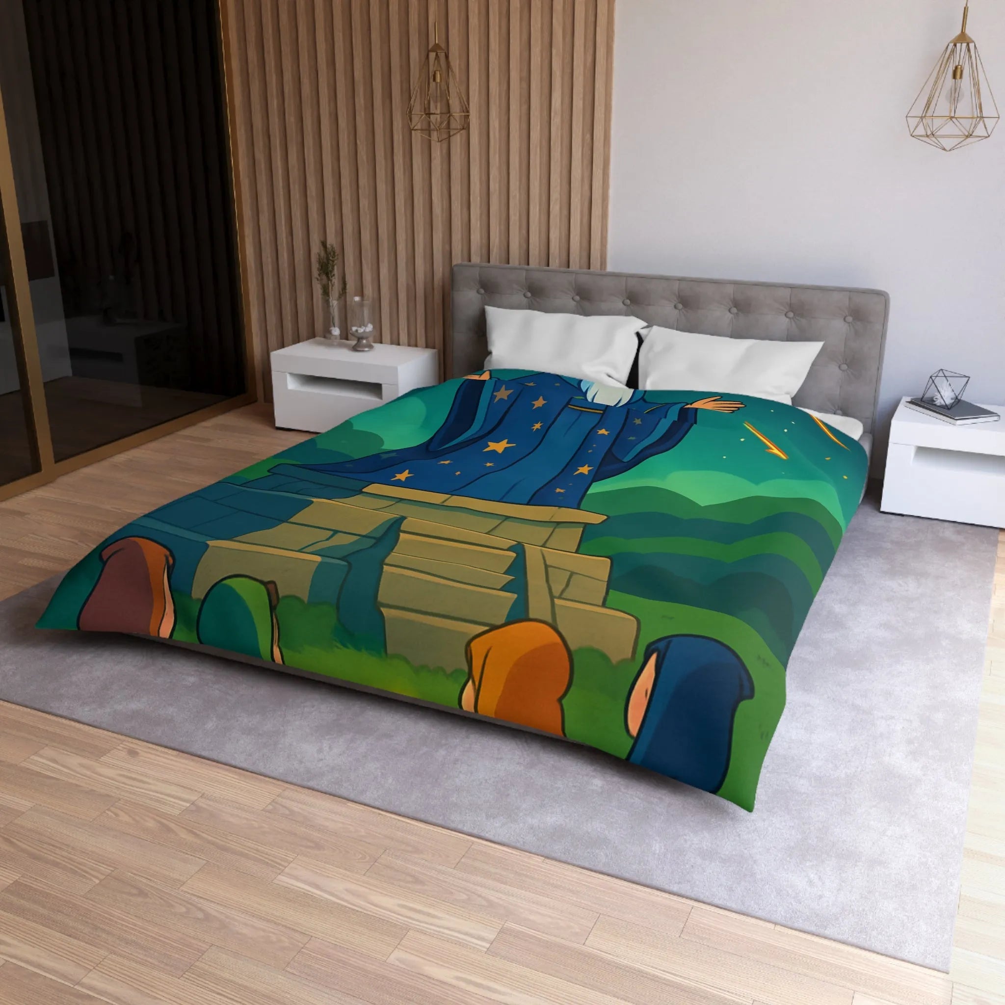 Housse de couette fantaisie avec sorcier et cristaux lumineux dans un paysage étoilé