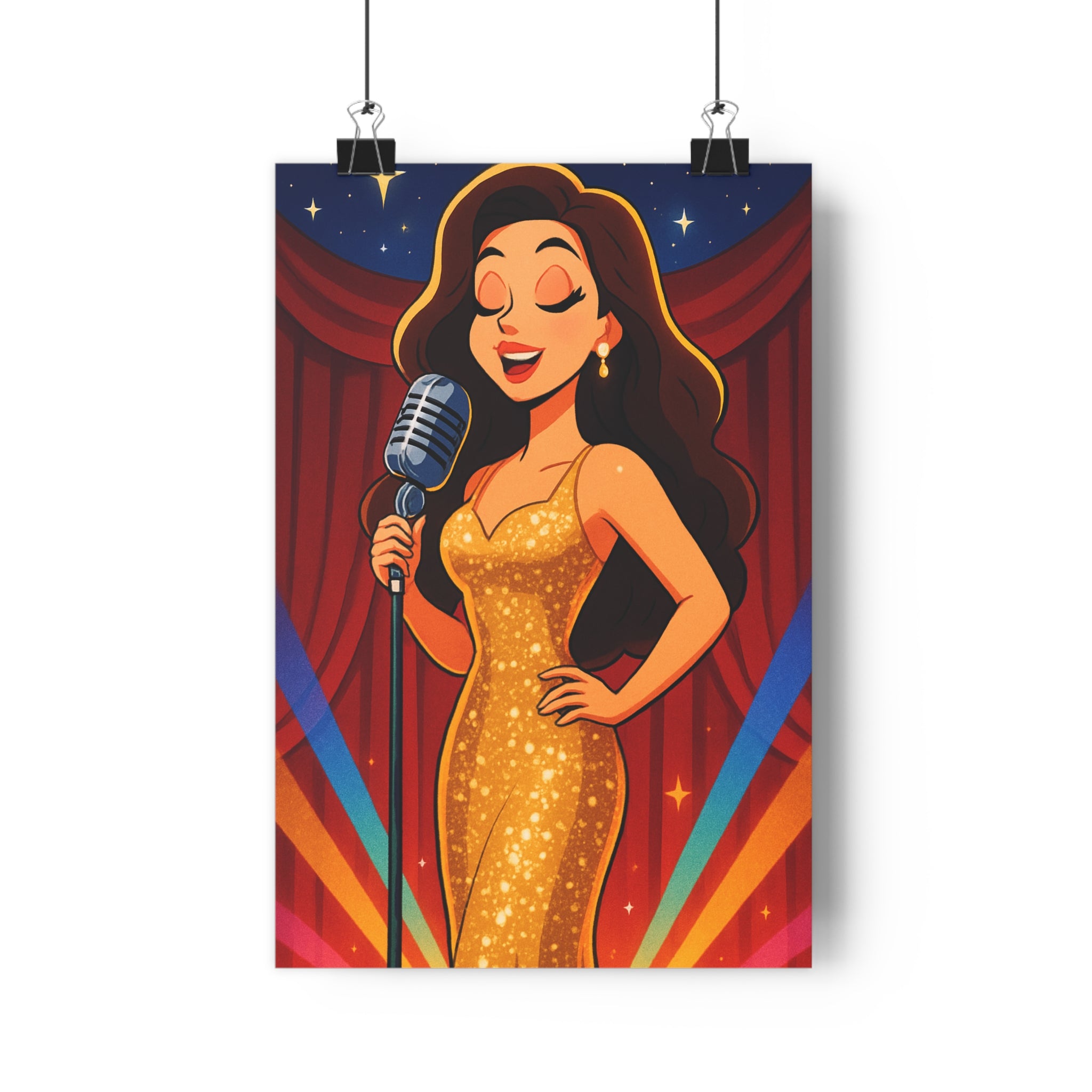 Poster décoratif chanteuse rétro glamour doré rouge vibrant salon musique vintage 30x46 élégant ambiance