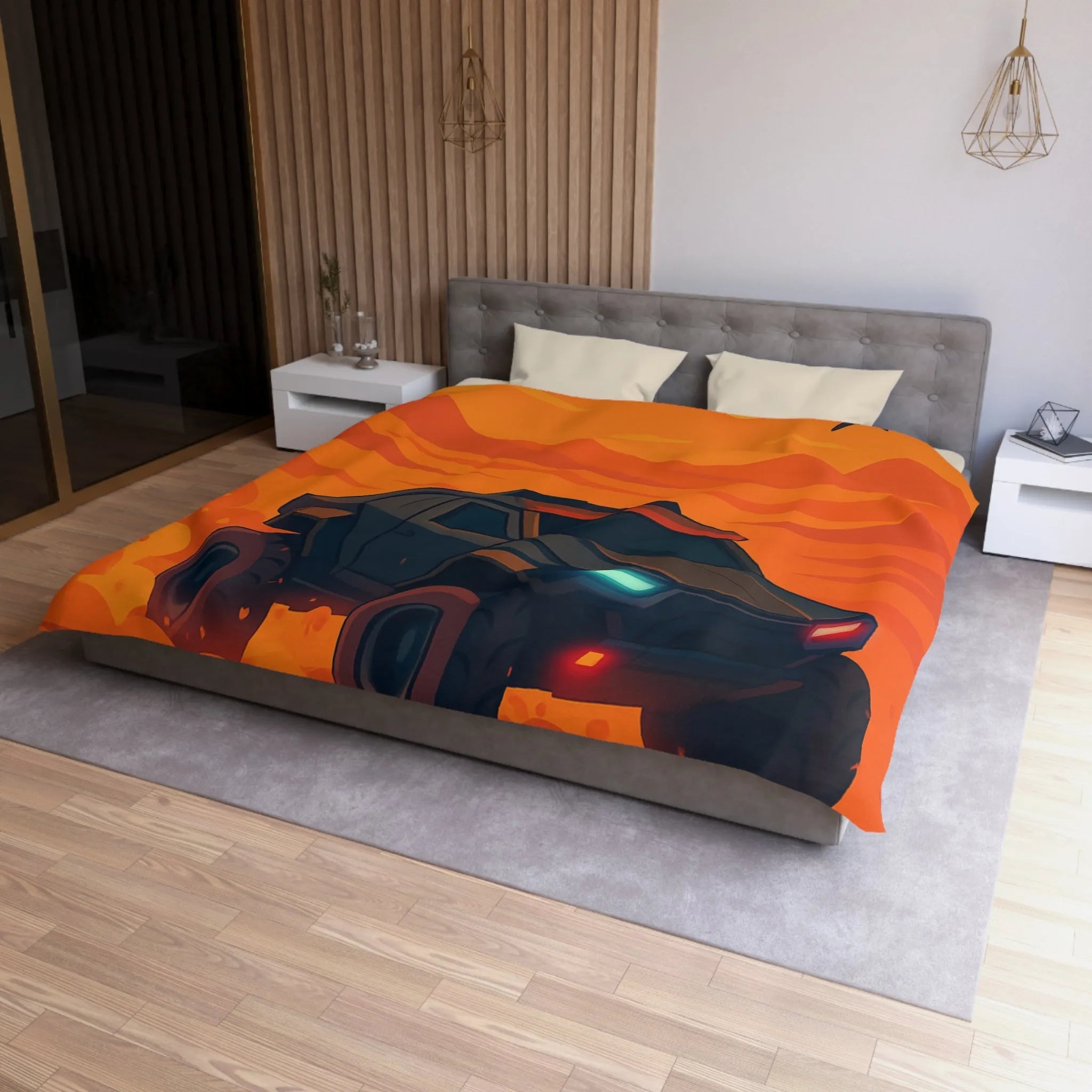 Housse de couette avec design de voiture tout-terrain dans désert orange au coucher du soleil