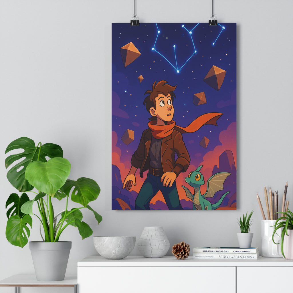 Poster décoratif aventurier dragon ciel étoilé dessin animé couleurs vives chambre enfant aventure découverte
