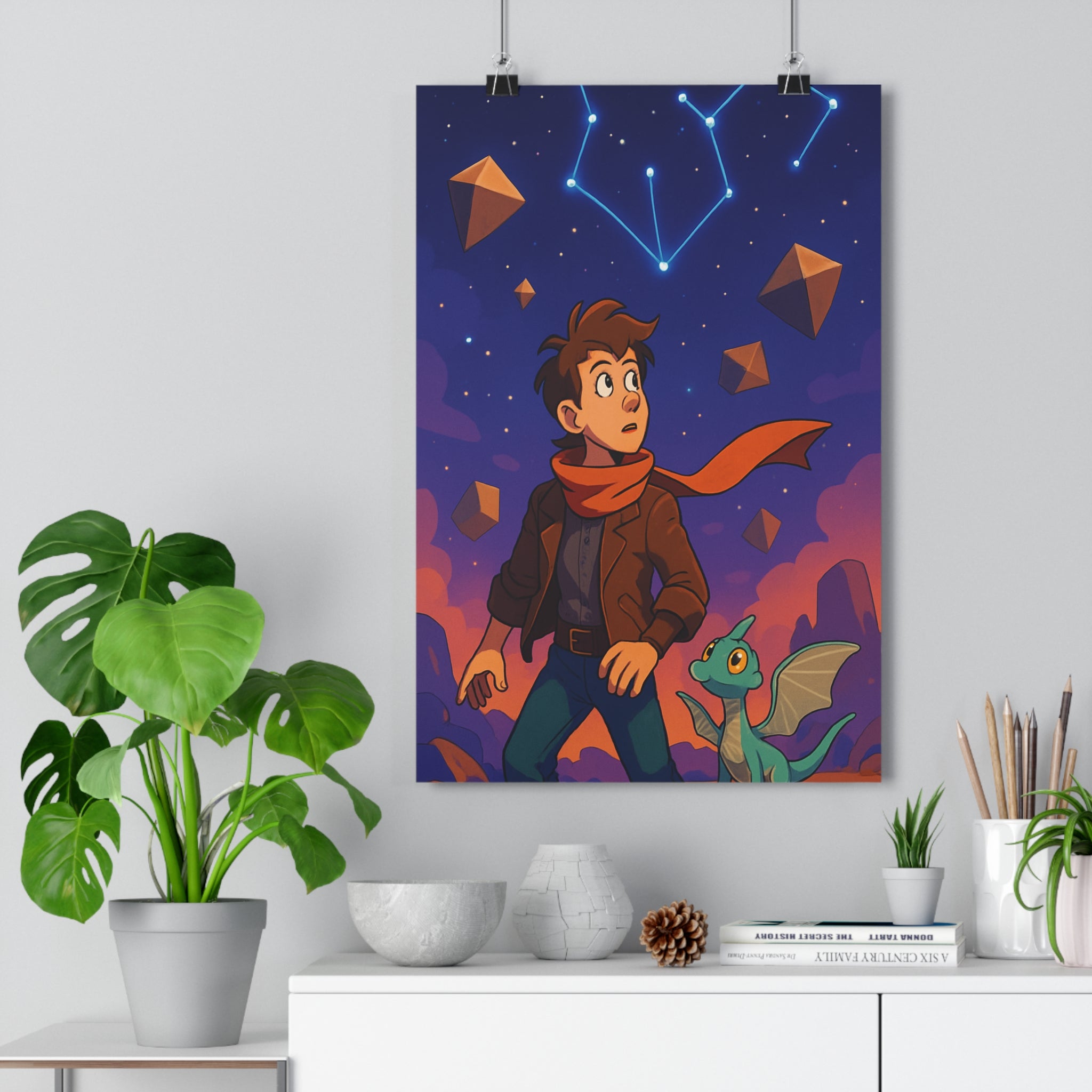 Poster décoratif aventurier dragon ciel étoilé dessin animé couleurs vives chambre enfant aventure découverte