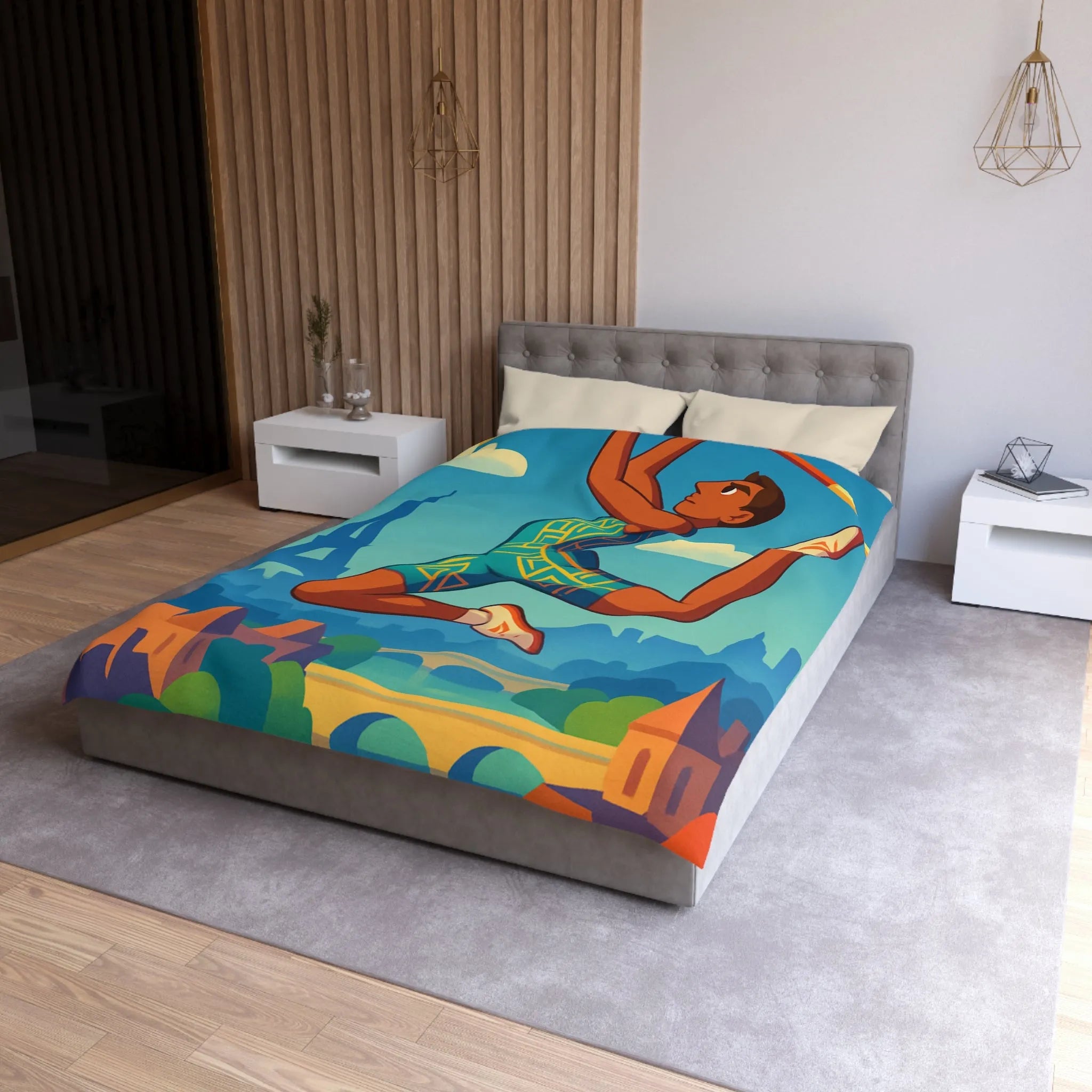 Housse de couette athlète sautant en ville avec ciel bleu et monuments célèbres