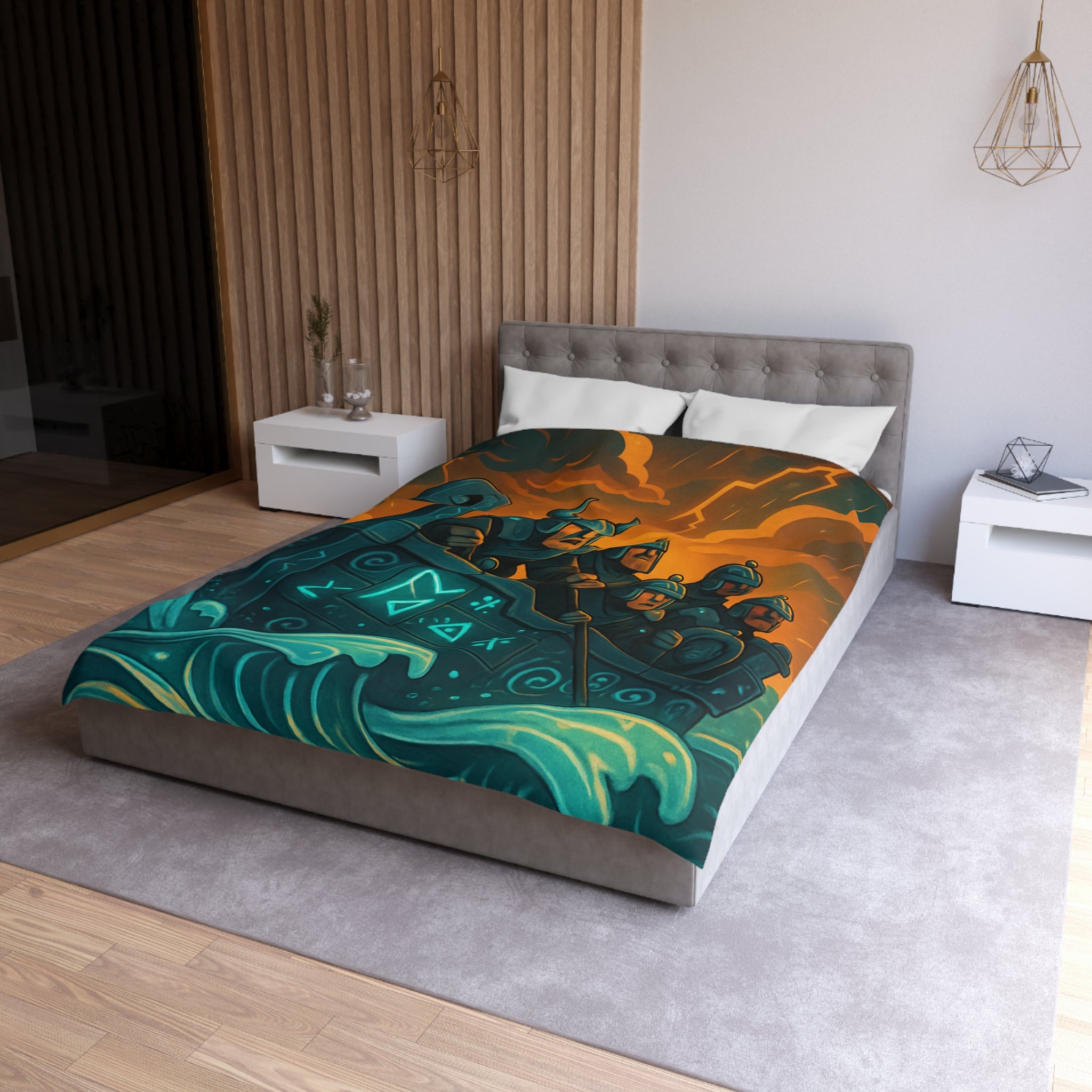 Housse de Couette Motif Vikings en Bateau sous Orage Céleste Féroce et Saisissant