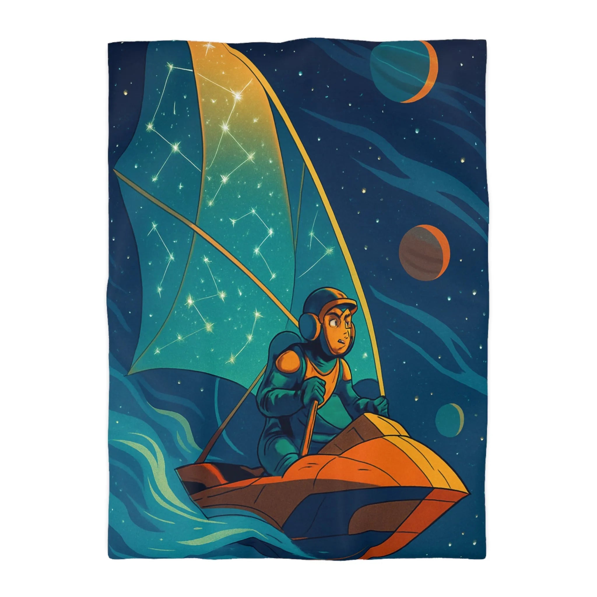 Housse de couette enfant avec cosmonaute naviguant sous la voile céleste étoilée