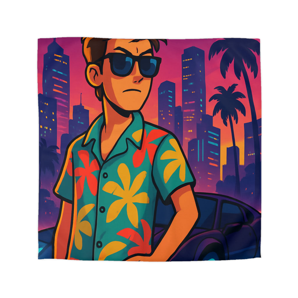 Housse de Couette Style Rétro avec Design Urbain et Palmiers au Crépuscule