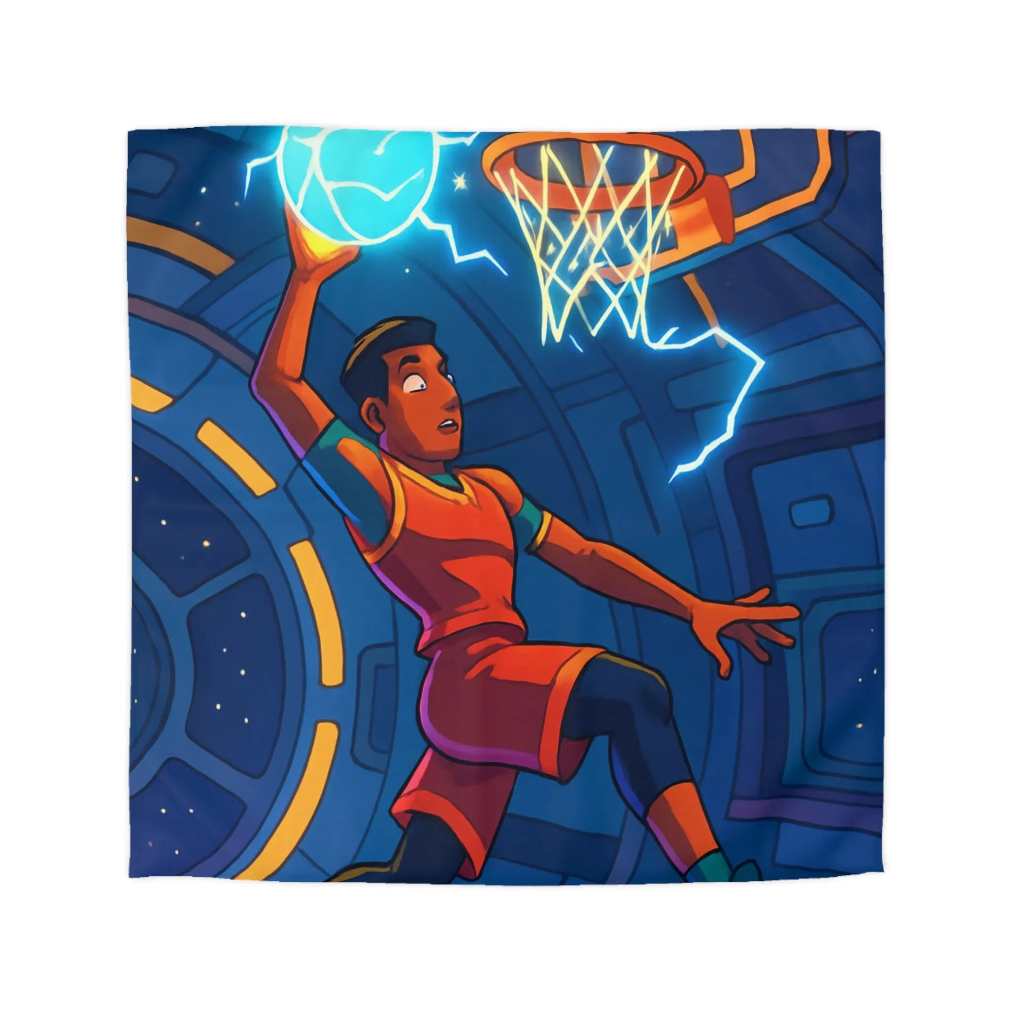 Housse de Couette Enfant Espace Basket avec Joueur et Ballon Électrique Sci-Fi