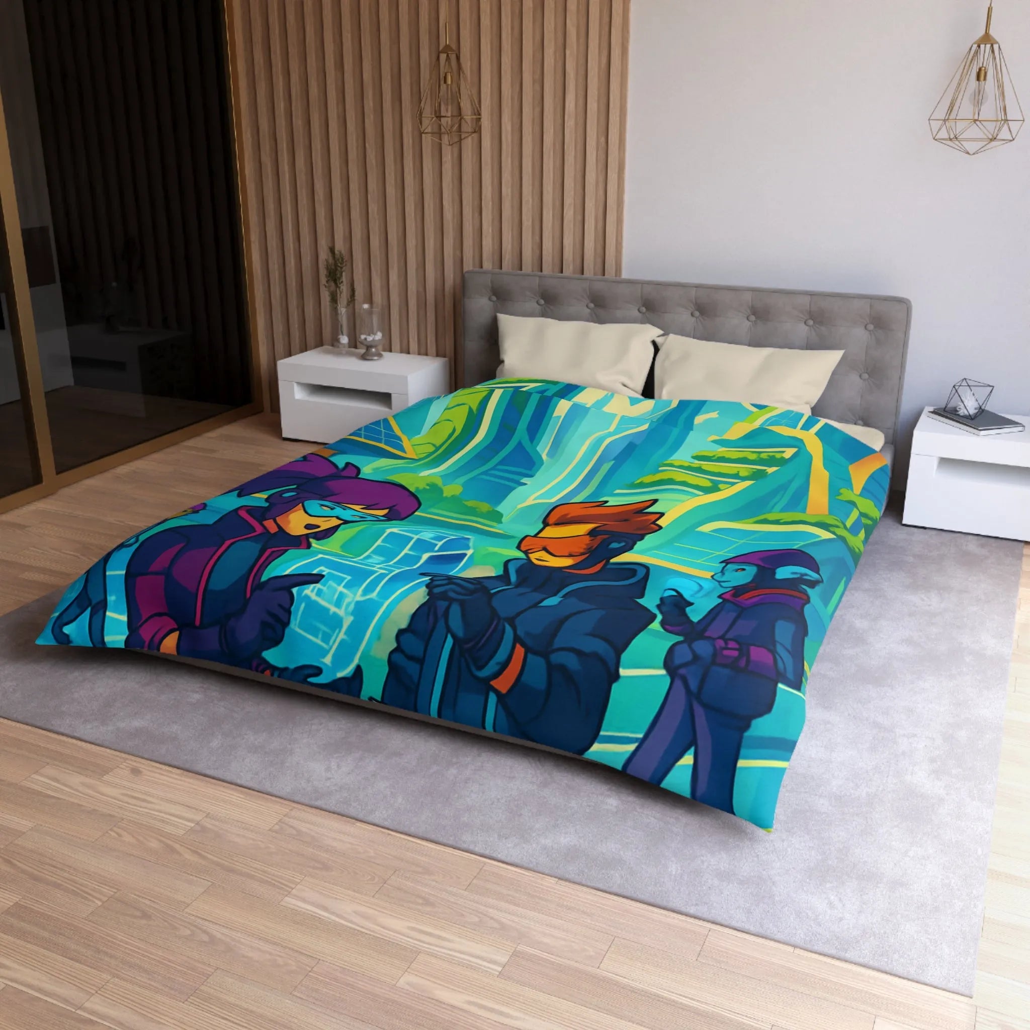 Housse de couette futuriste avec design coloré et thème urbain science-fiction moderne