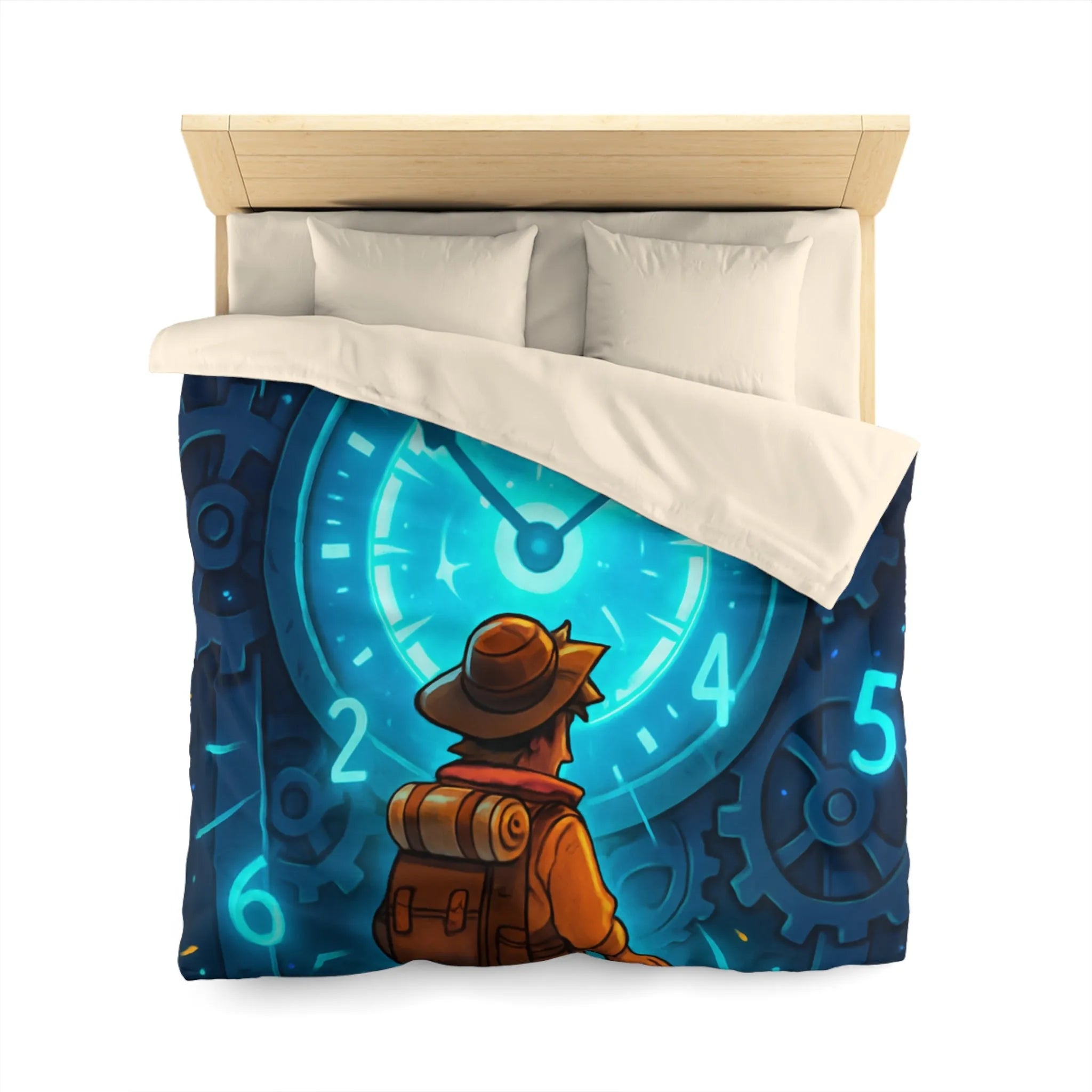 Housse de Couette Aventure Énigmatique Horloger Voyageur avec Éclairage Bleu Futuriste