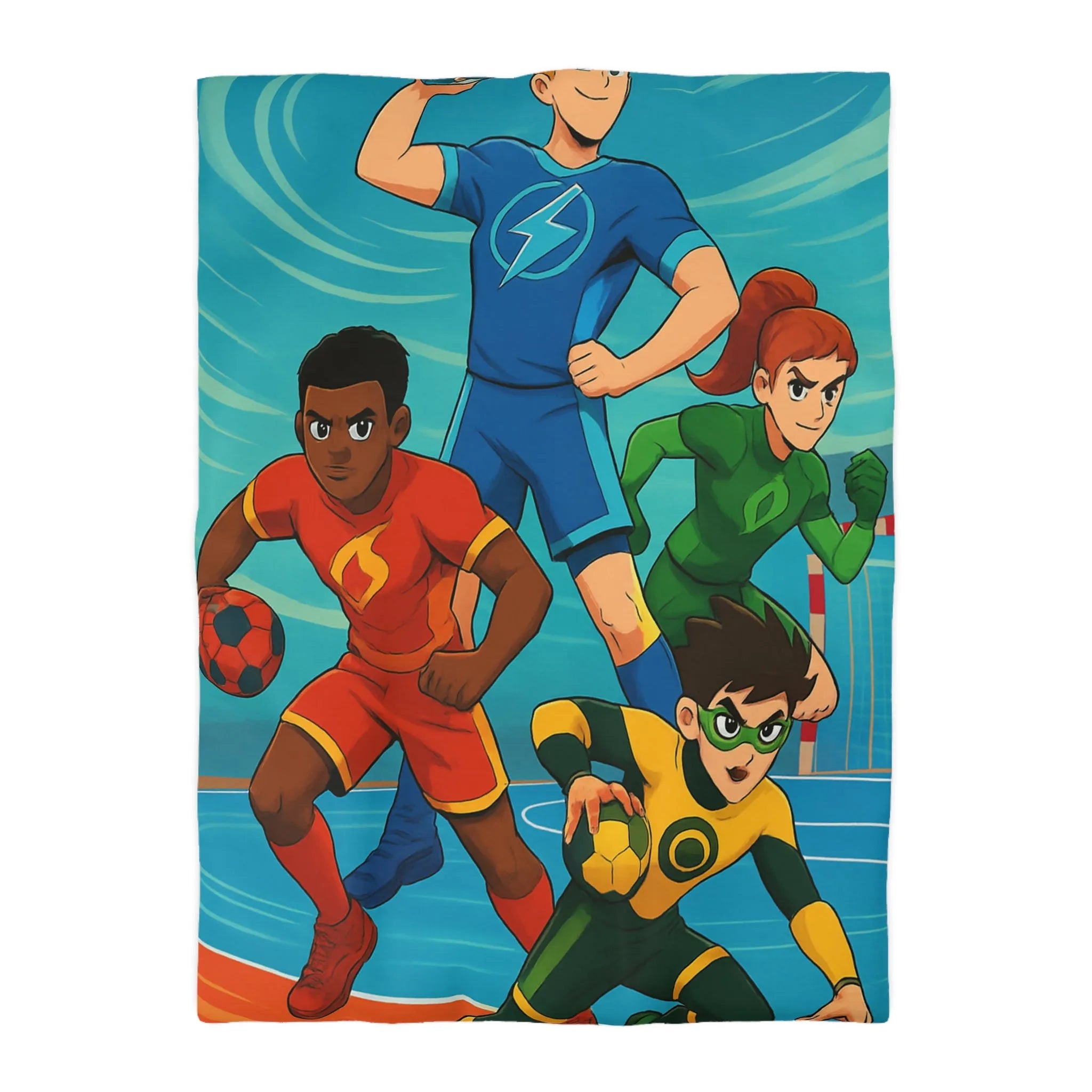 Housse de couette colorée super-héros, style bande dessinée sports, enfants aventure dynamique