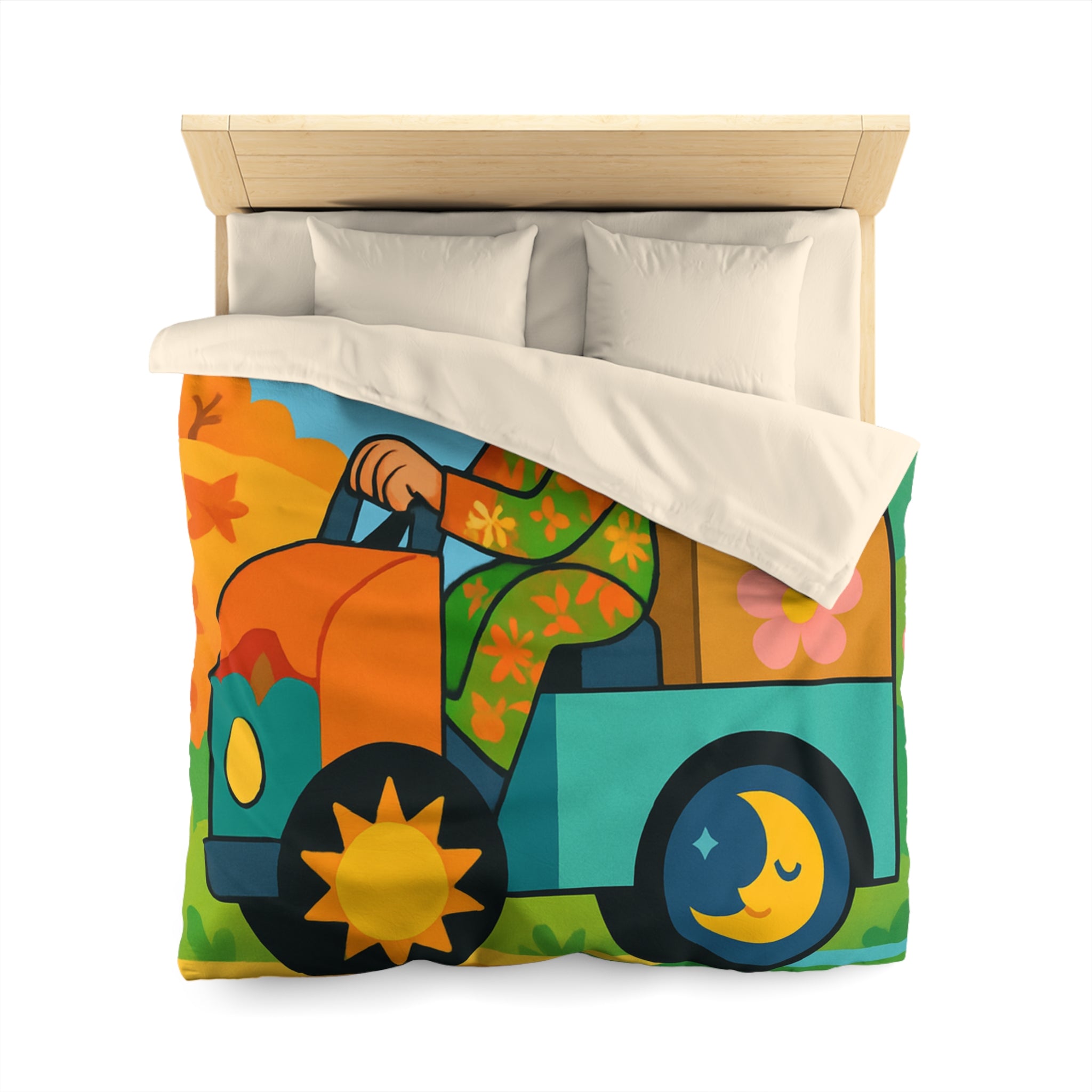 Housse de Couette Paisible Illustrant un Paysage Automnal avec Motifs Floraux et Naturels