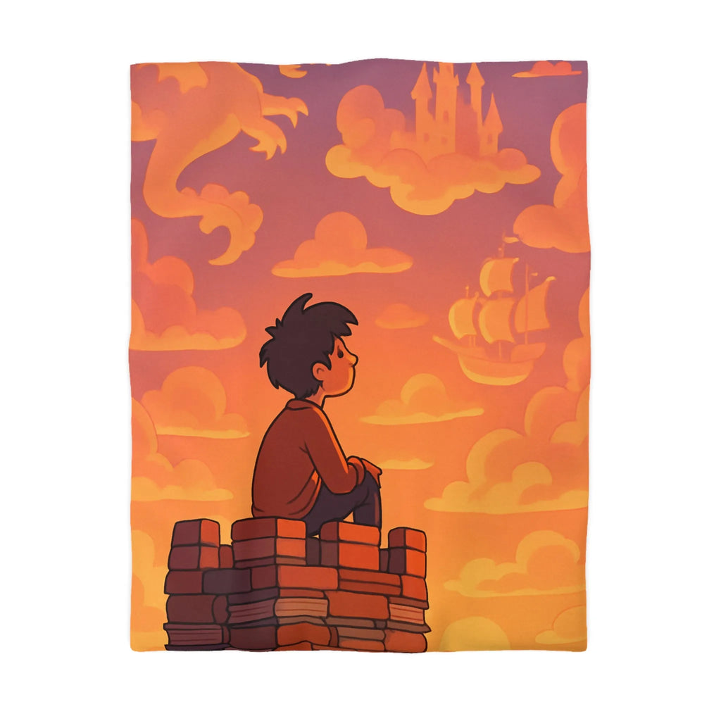 Housse de couette fantastique avec château, dragon et nuages pour enfants rêveurs