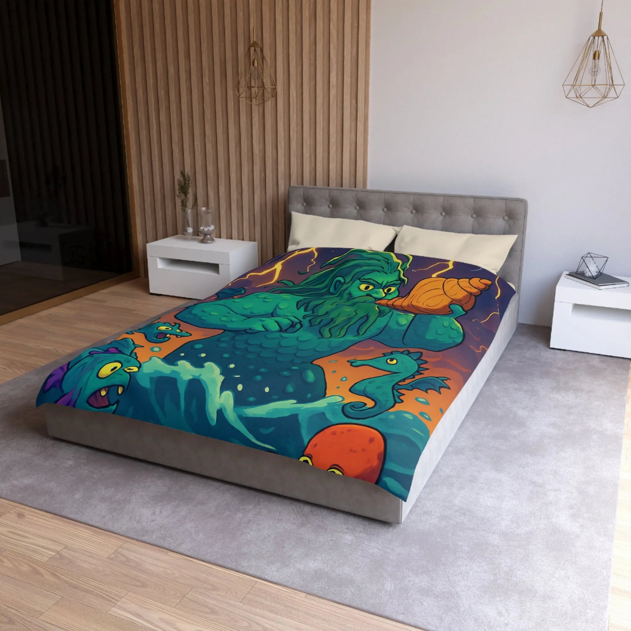 Housse de couette marine avec dessin de triton et créatures océaniques colorées enchanteurs