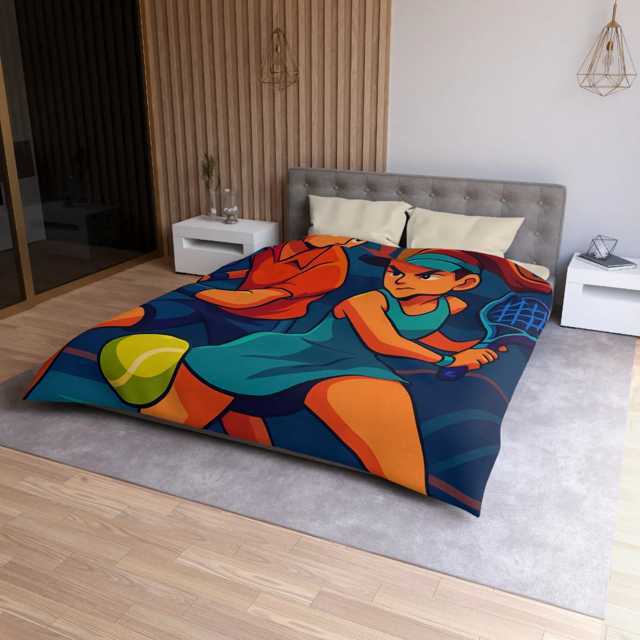 Housse de couette dynamique avec joueurs de tennis en style vectoriel coloré et moderne